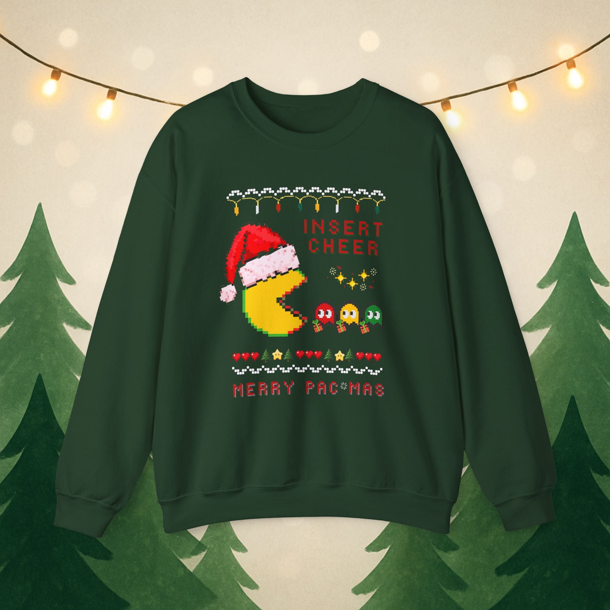 Merry Pac-Man Holiday Sweatshirt — "Insert Cheer" Retro Gamer Christmas Crewneck