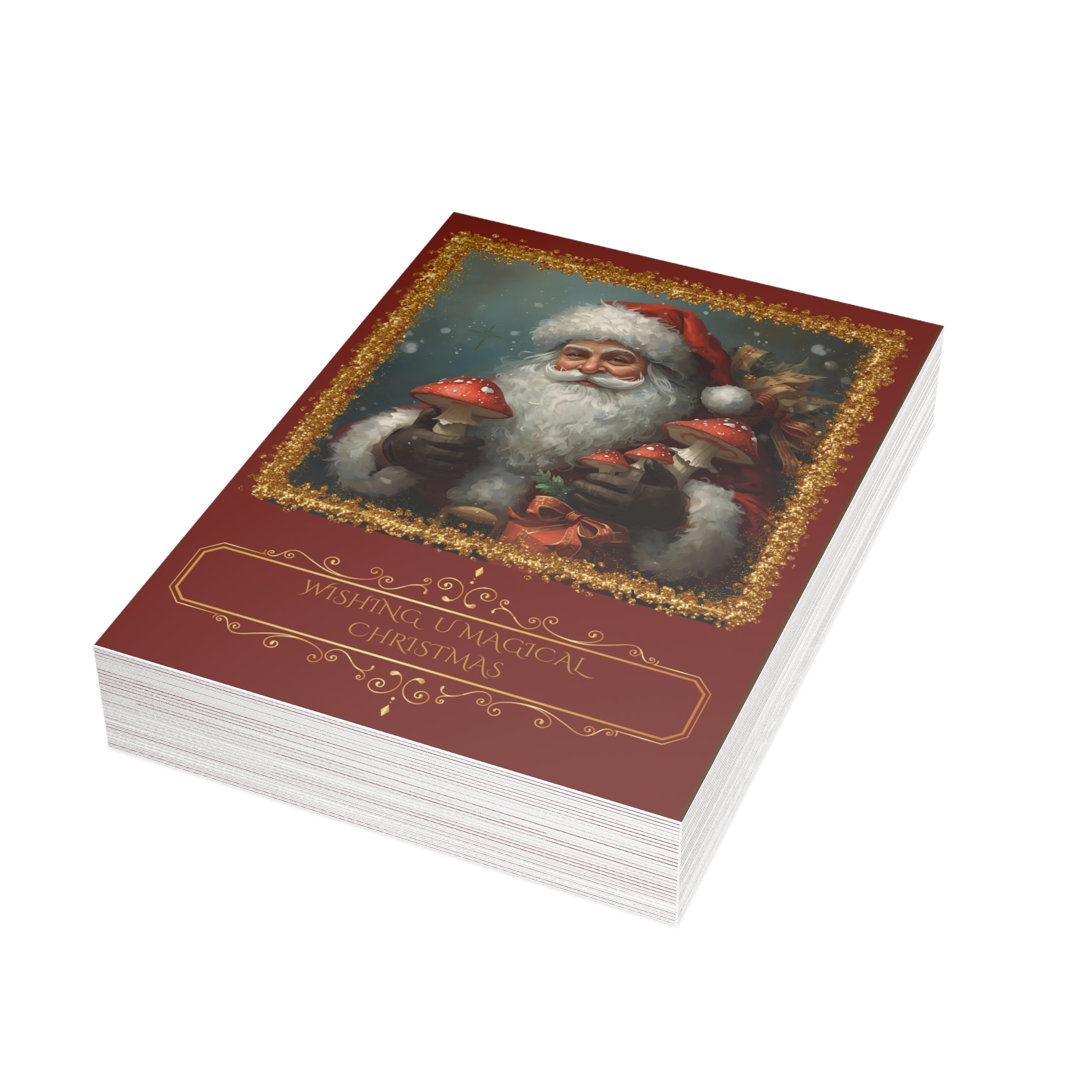 Personalized Holiday Santa Greeting Card Mushroom Theme— "Wishing U Magical Christmas" (Bulk Packs: (10/30/50)