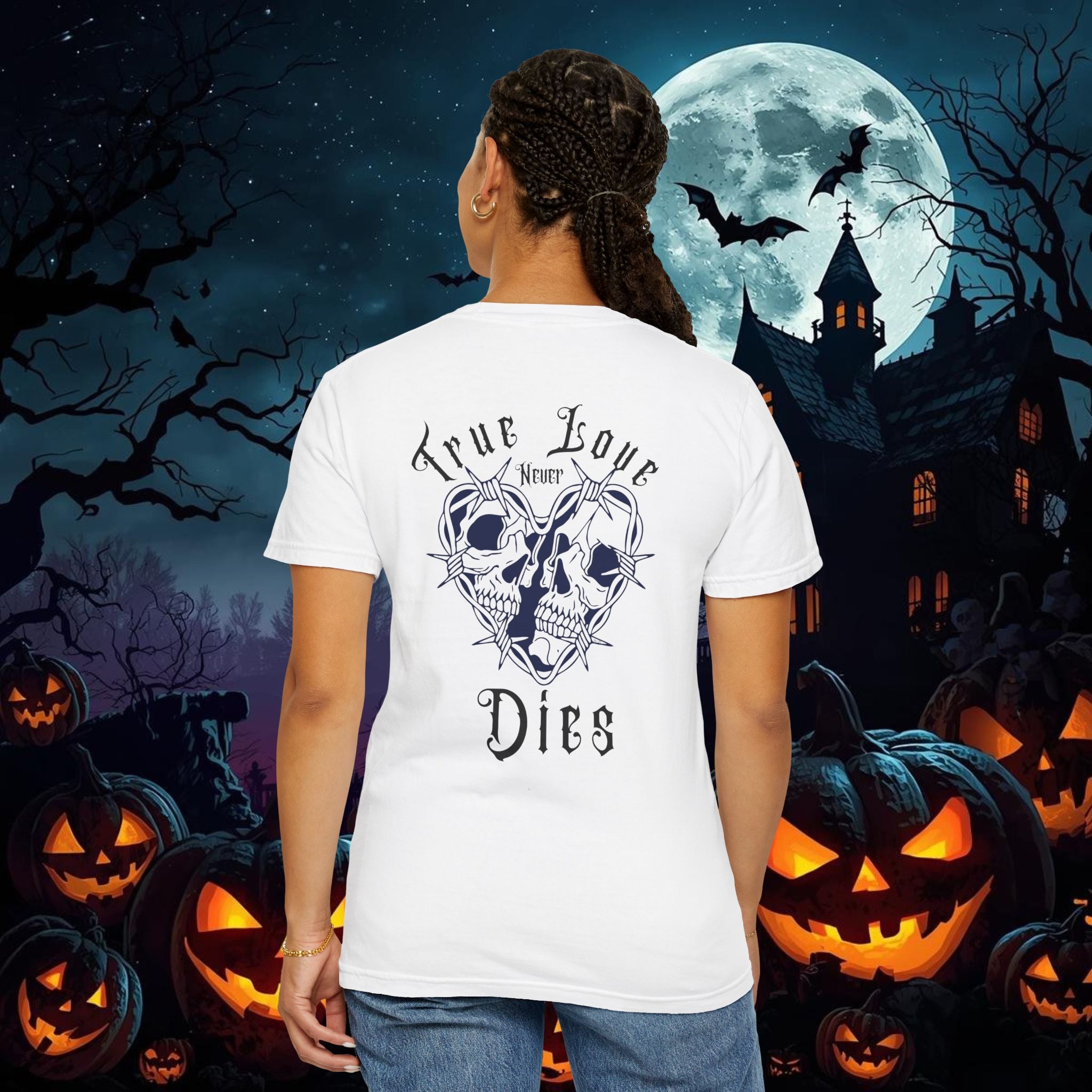" True Love Never Dies" Halloween Personalized Skull Graphic Tee, Fun Gift for Him or Her