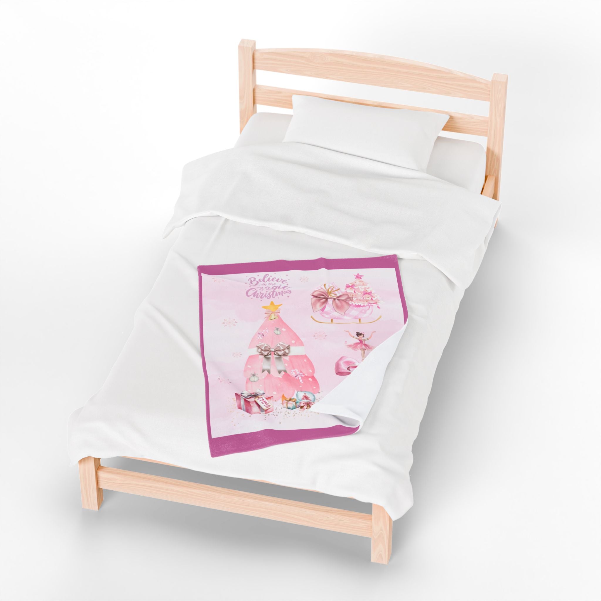 Pink Christmas Personalized Velveteen Blanket – “Believe in Magic” Holiday Throw for Girls & Grandkids, Daughters, Gifts for Her