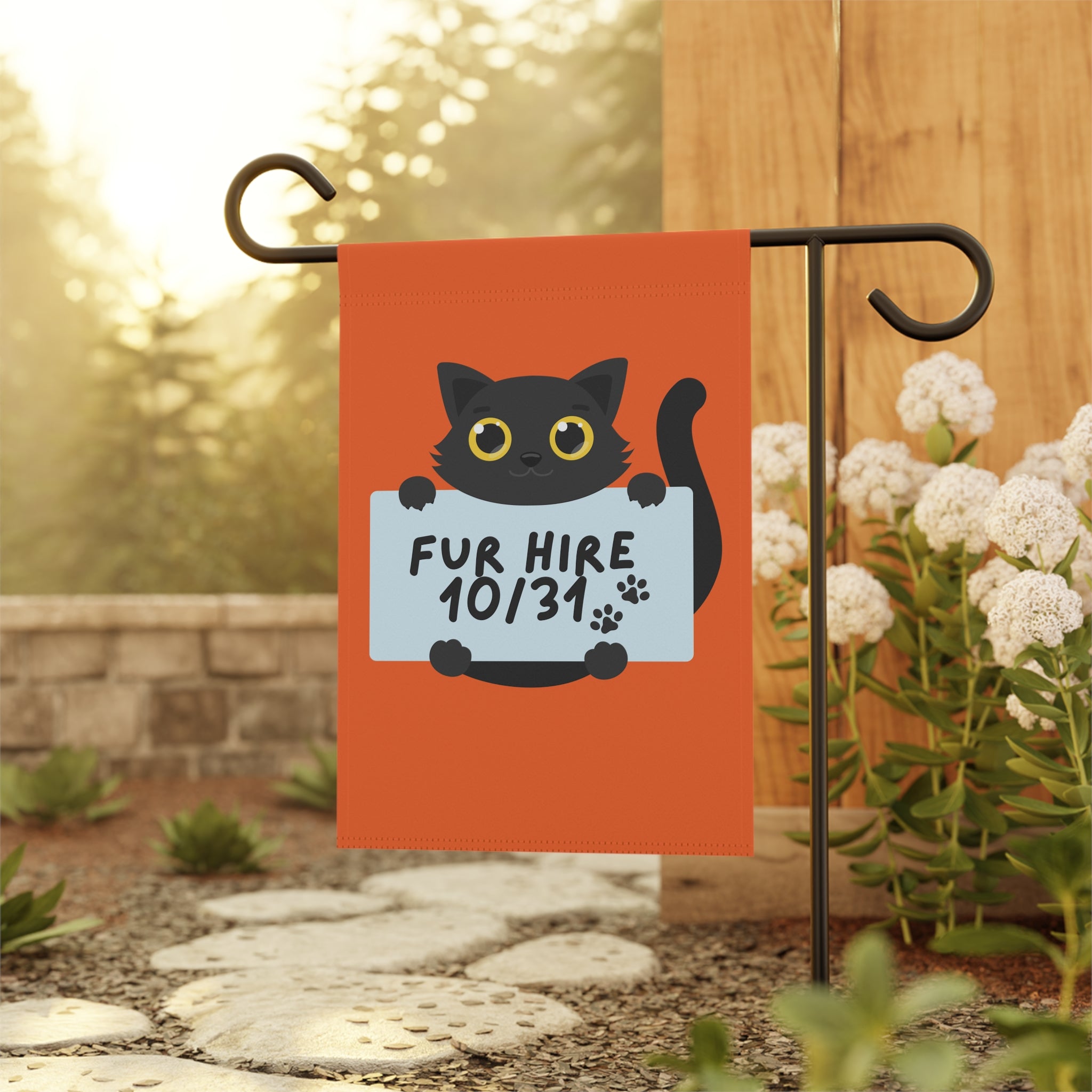 "Fur Hire" Halloween Cat Garden Flag, Personalize 2 sizes, outdoor/ indoor use