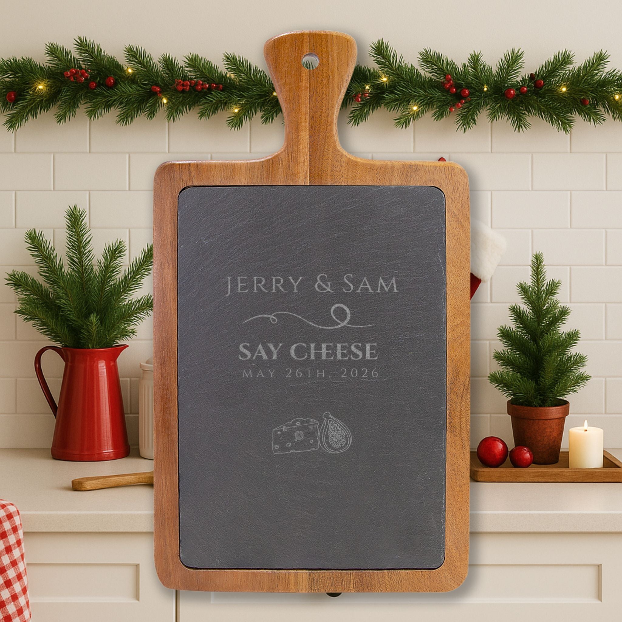Engraved Bamboo Charcuterie Board with Slate Round & Cheese Tools — Personalized Wedding/Housewarming Gift, Hostess Gifts
