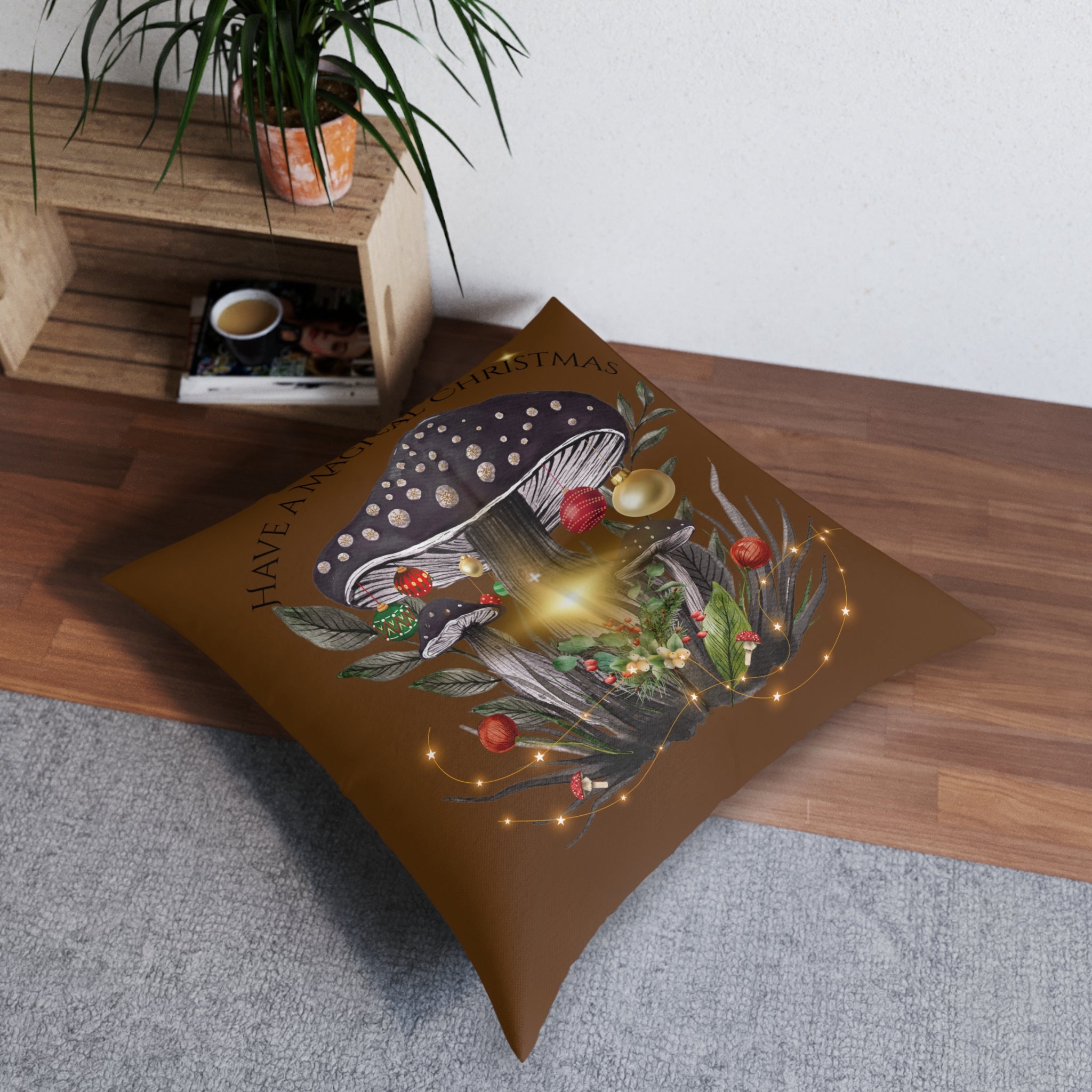 Vintage Christmas Magic Mushroom Tufted Floor Pillow — 30" x 30" Large, double sided, yoga pillow
