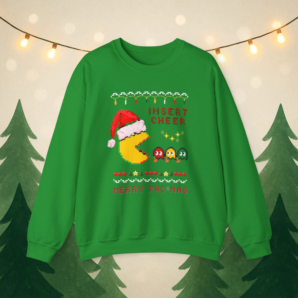 Merry Pac-Man Holiday Sweatshirt — "Insert Cheer" Retro Gamer Christmas Crewneck