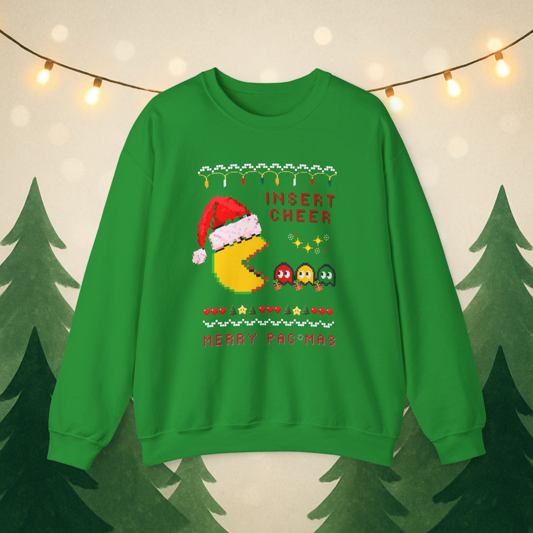 Merry Pac-Man Holiday Sweatshirt — "Insert Cheer" Retro Gamer Christmas Crewneck