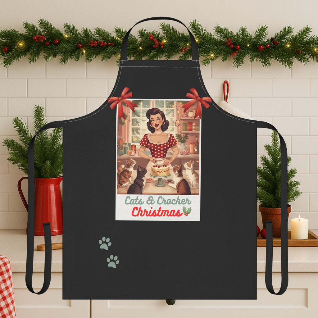 Christmas Retro Cat Lovers Apron — "Cats and Crocker" Holiday Kitchen Apron, Holiday Hostess Gifts, Holiday Old fashion fun