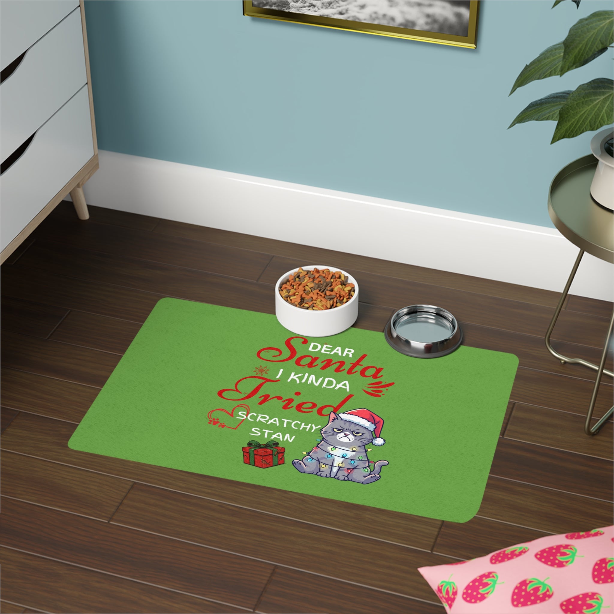 Pet Custom Food Mat — "Dear Santa I Kinda Tried" Cute Christmas Cat Feeding Mat (12x18)