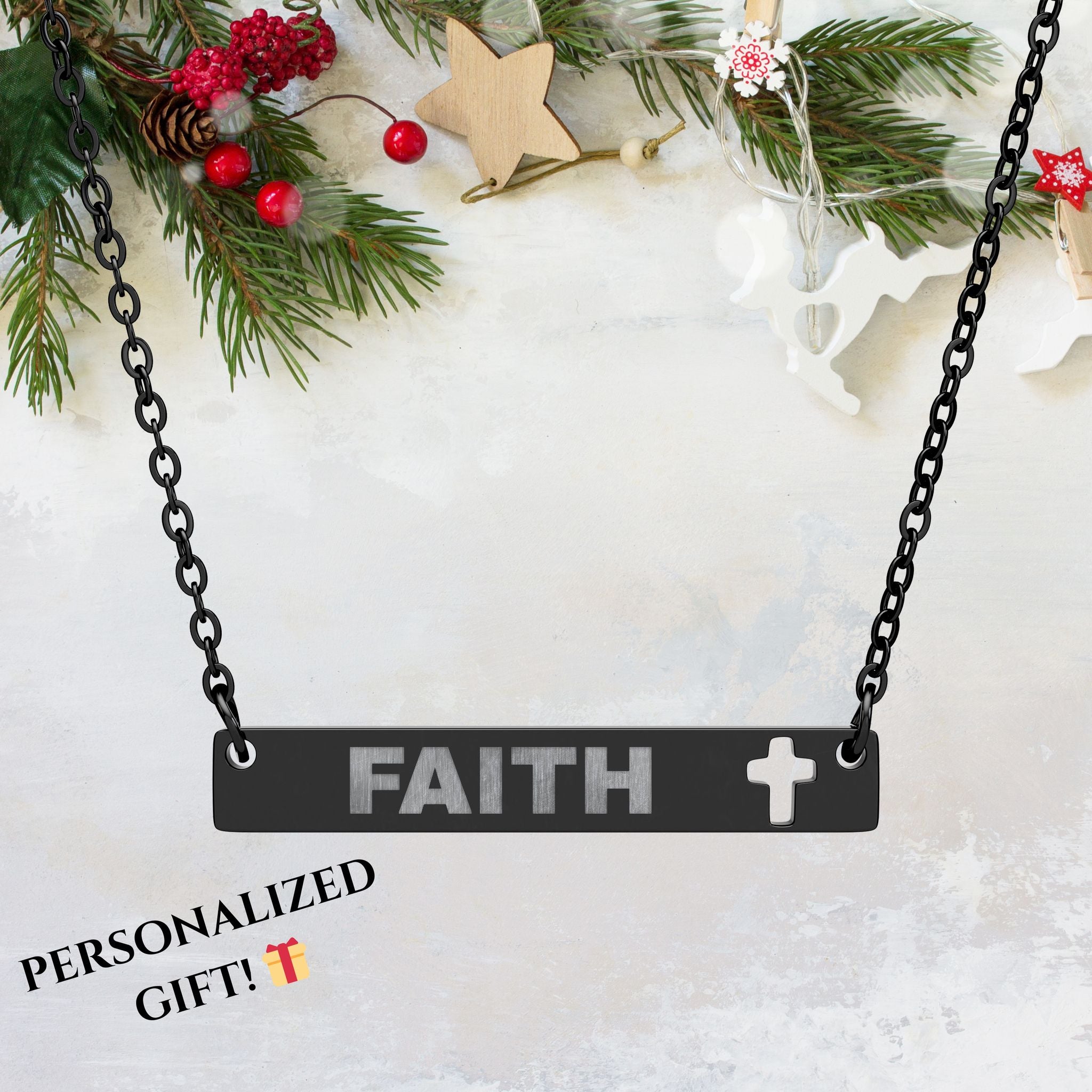 Cutout Cross Bar Necklace — God's Love, Blessed, True love Personalized Engraved Spiritual Jewelry, 18K Gold PVD, Silver, Black, Rainbow