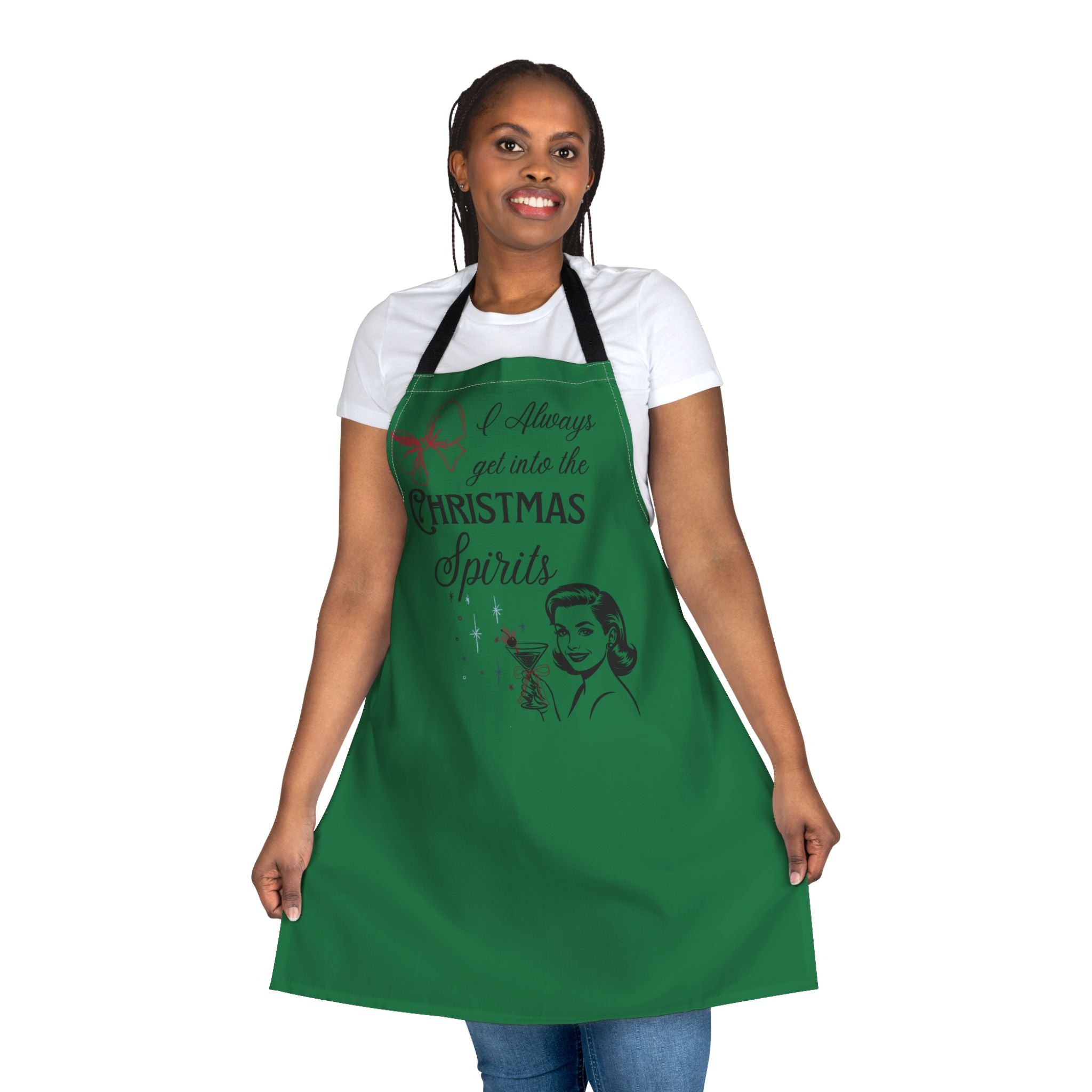 "I Always get into the Christmas Spirits" Apron — Retro Holiday Cocktail Kitchen Apron, Hostess gift, Christmas Cheer