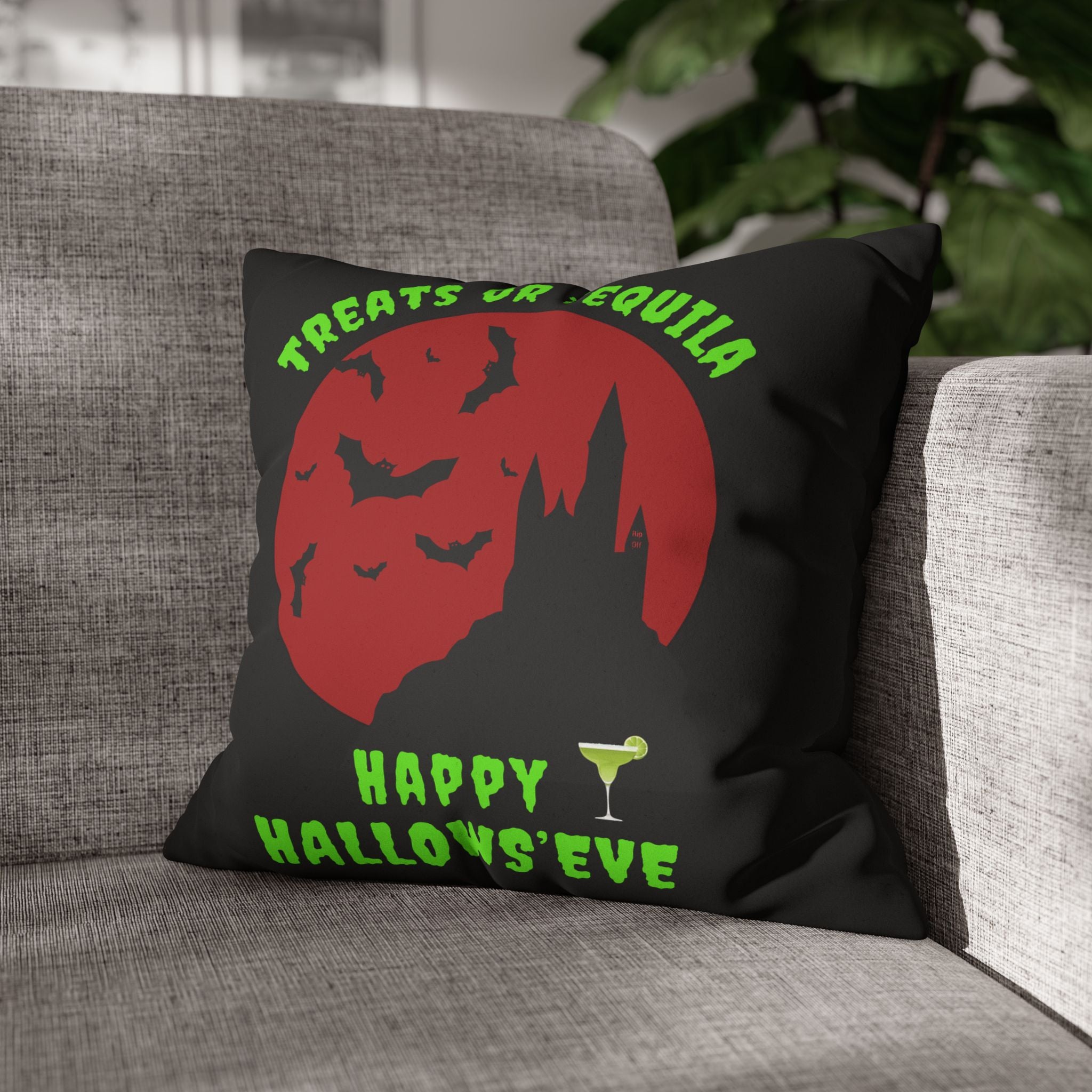 "Treats or Tequila" Halloween Fun Faux Suede Pillowcase, Home Decor