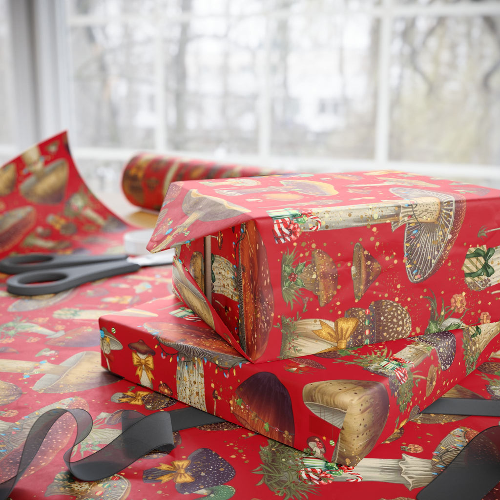 Christmas Magic Mushroom Wrapping Paper Roll — Red Holiday Gift Wrap, Unique gift wrapping