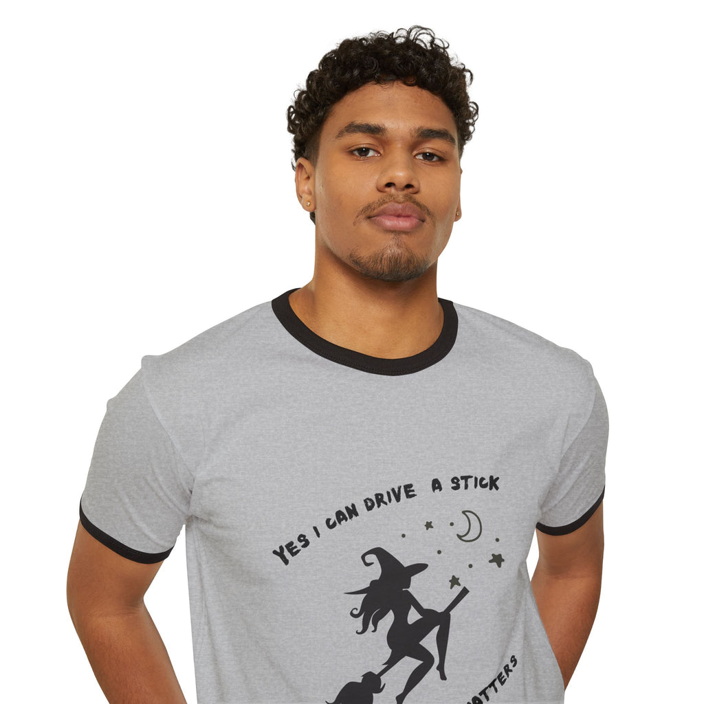 "Yes, I Drive Stick" Whimsical Witchcraft Ringer T-Shirt | Fun Halloween Tee, Unisex