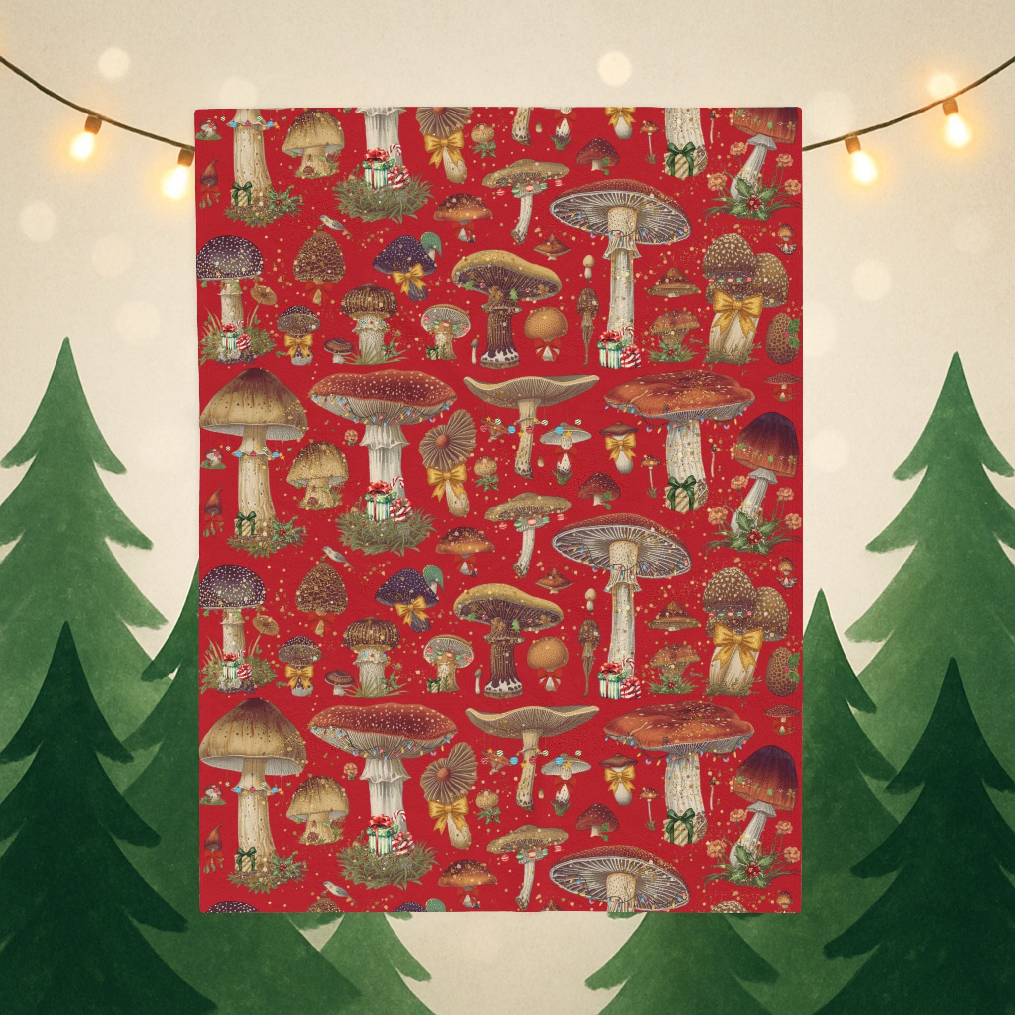 Vintage Magic Mushroom Christmas Theme- Velveteen Plush Blanket -  Red Throw- Unique Gift ideas