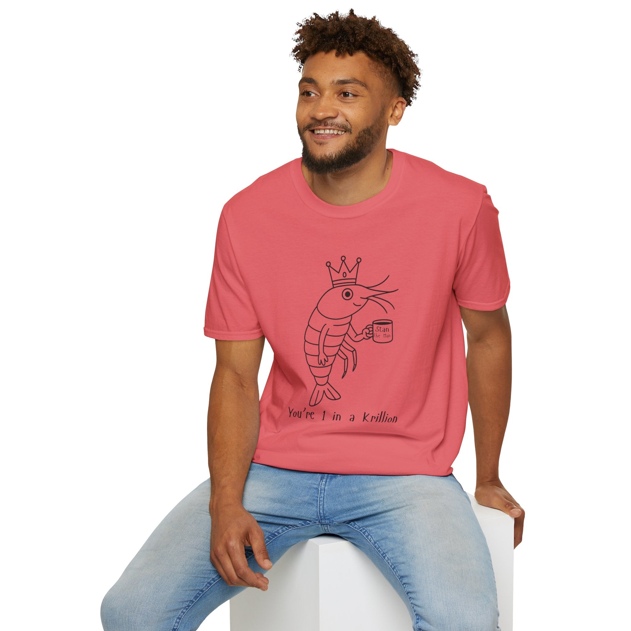 Funny Shrimp King T-Shirt, Unisex Softstyle Tee, Seafood Lover Gift, Quirky Beachwear, Humorous Summer Apparel