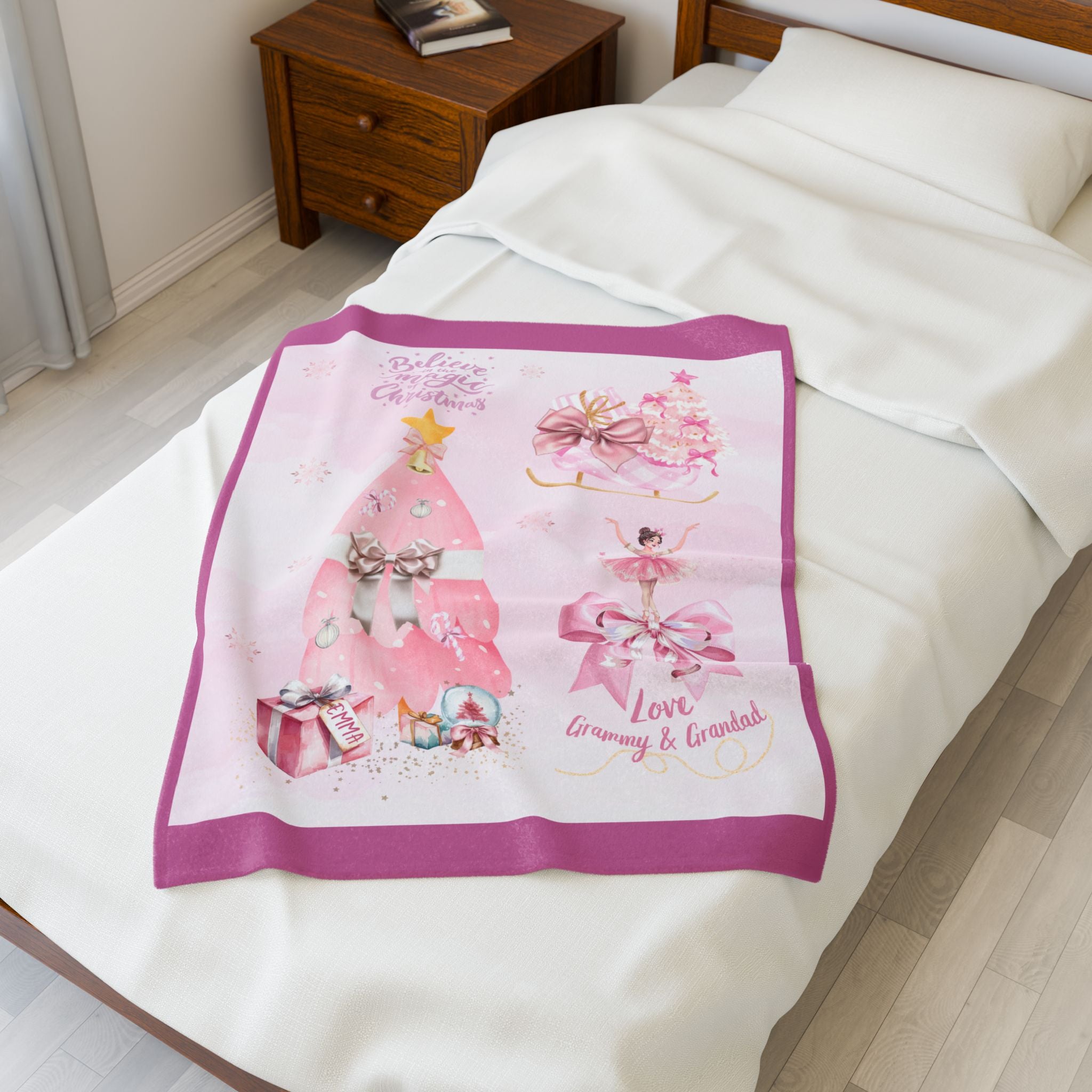 Pink Christmas Personalized Velveteen Blanket – “Believe in Magic” Holiday Throw for Girls & Grandkids, Daughters, Gifts for Her