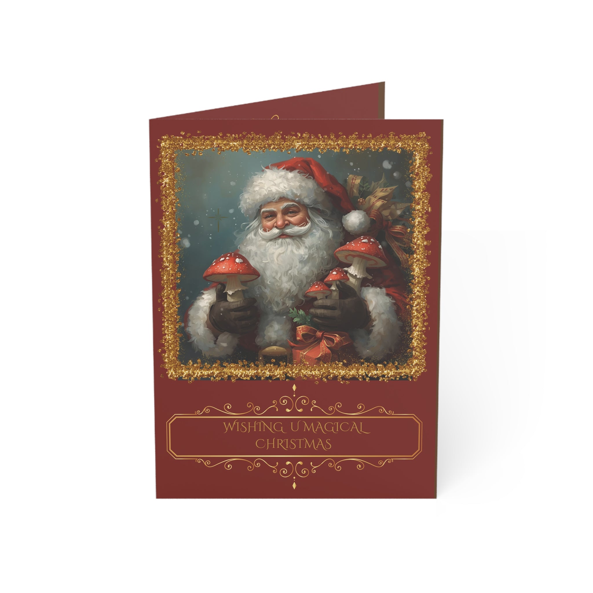Personalized Holiday Santa Greeting Card Mushroom Theme— "Wishing U Magical Christmas" (Bulk Packs: (10/30/50)