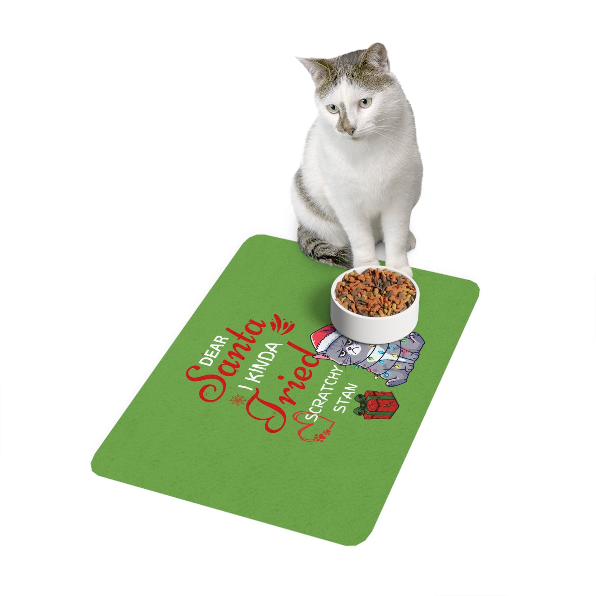 Pet Custom Food Mat — "Dear Santa I Kinda Tried" Cute Christmas Cat Feeding Mat (12x18)