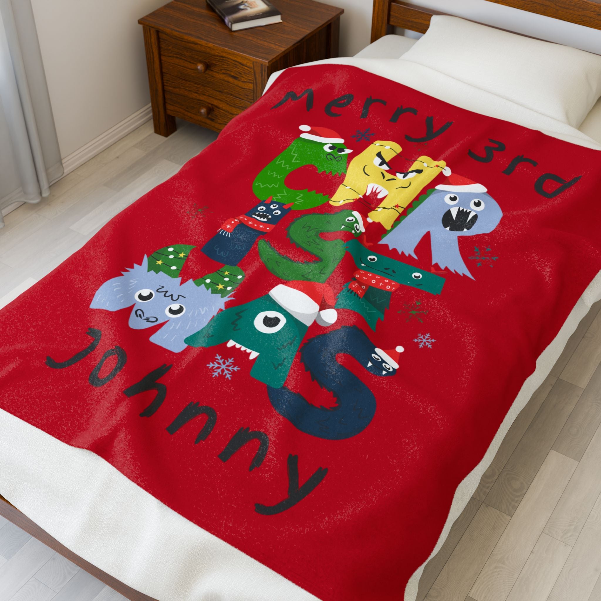 Kids Gift Plush Blanket — Personalized "Merry 3rd Christmas Johnny" Kids Holiday Throw, Velveteen, 2 sizes