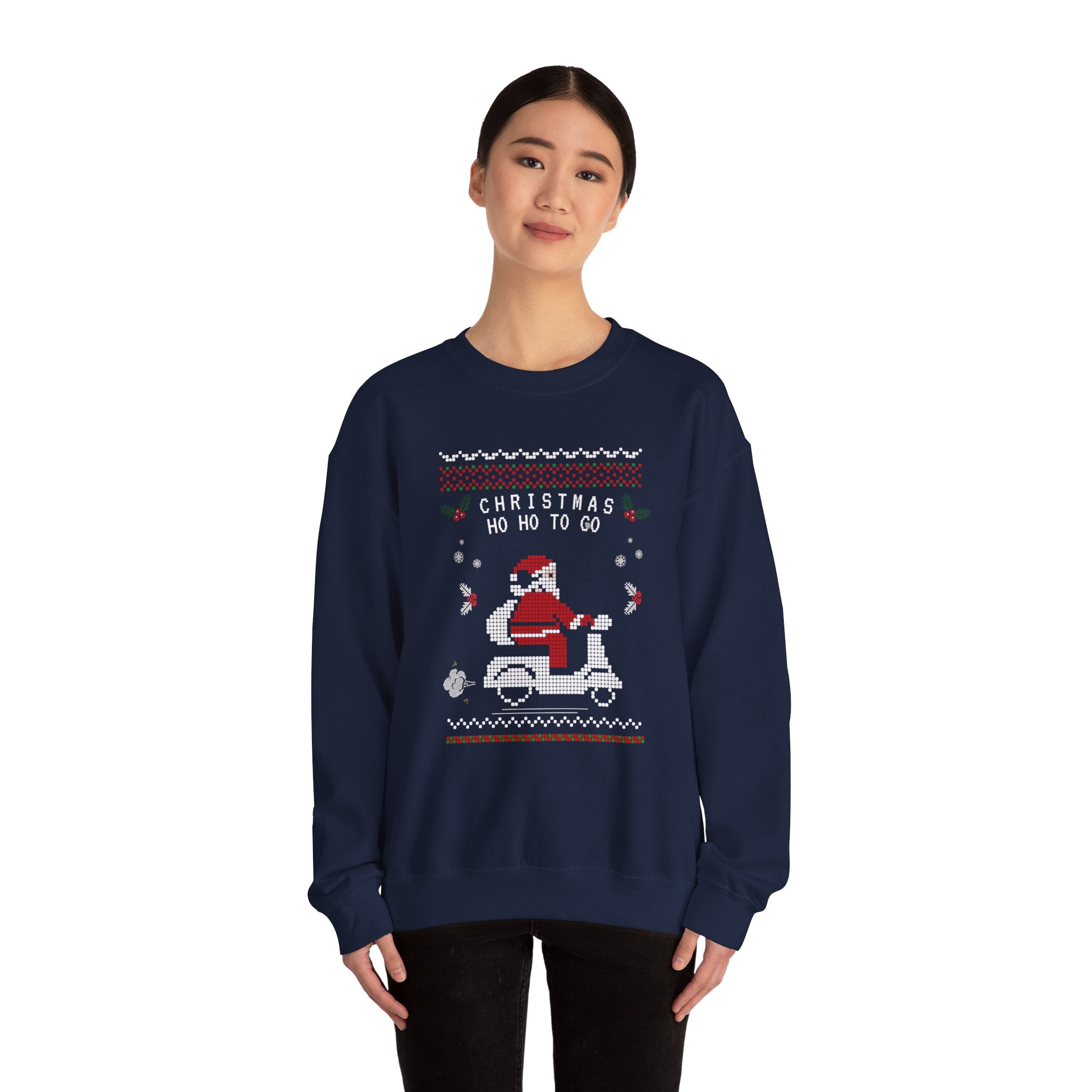 Christmas Ho Ho To Go Sweatshirt — Santa Scooter Holiday Crewneck, holiday ugly christmas sweatshirt, unisex, heavy blend