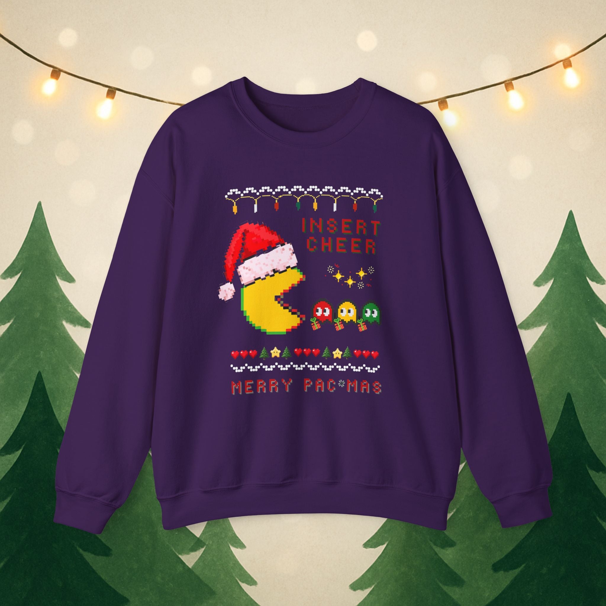 Merry Pac-Man Holiday Sweatshirt — "Insert Cheer" Retro Gamer Christmas Crewneck