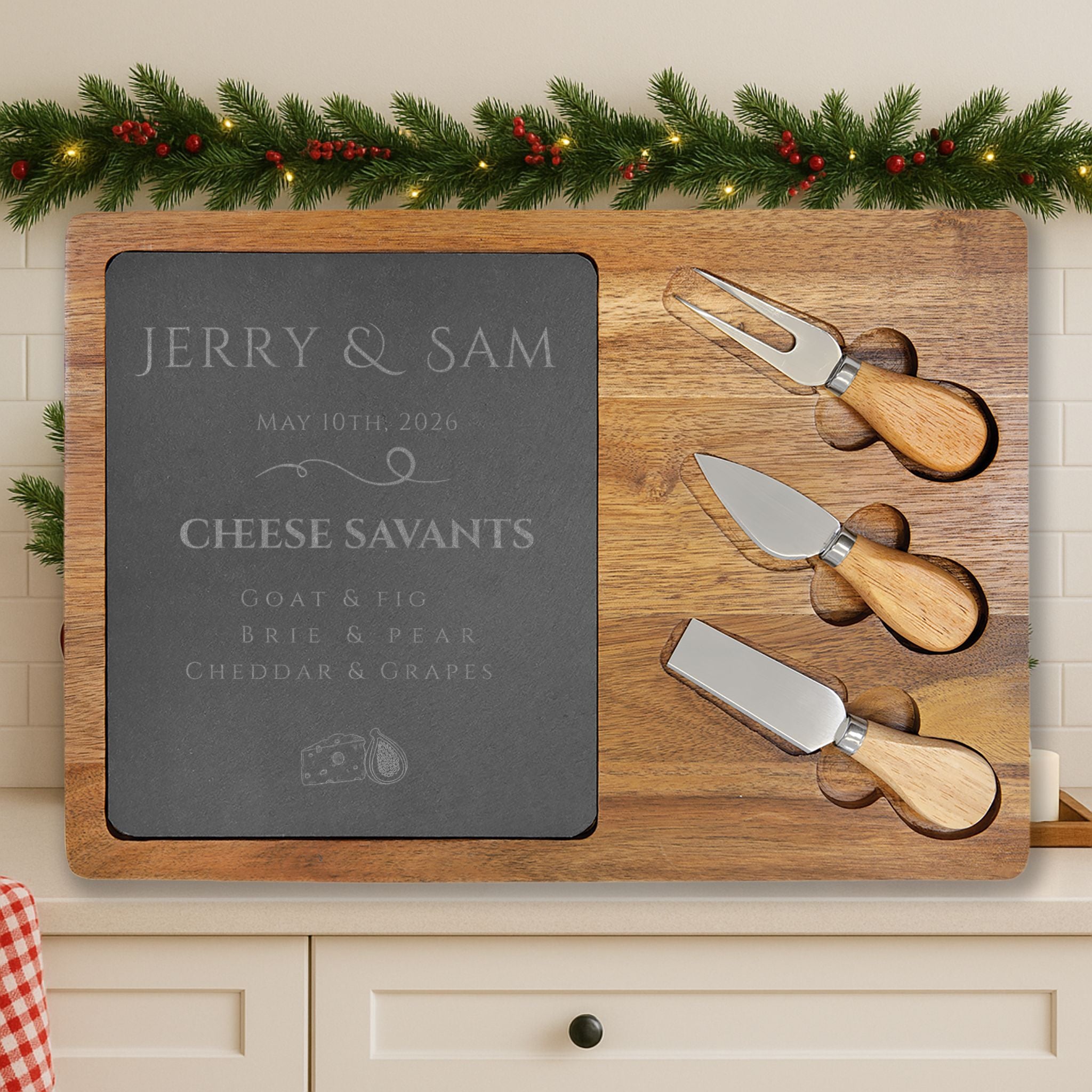 Engraved Bamboo Charcuterie Board with Slate Round & Cheese Tools — Personalized Wedding/Housewarming Gift, Hostess Gifts