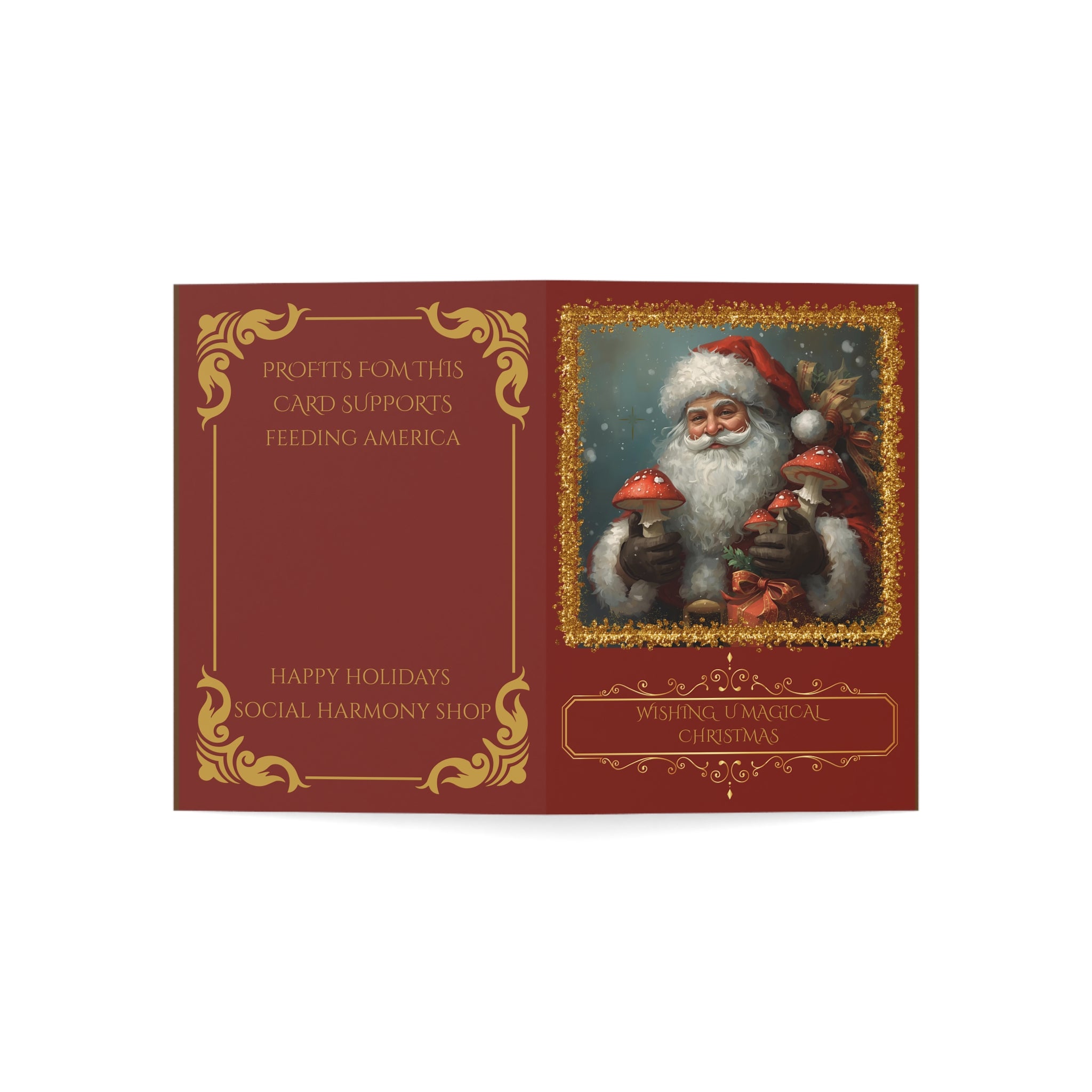 Personalized Holiday Santa Greeting Card Mushroom Theme— "Wishing U Magical Christmas" (Bulk Packs: (10/30/50)