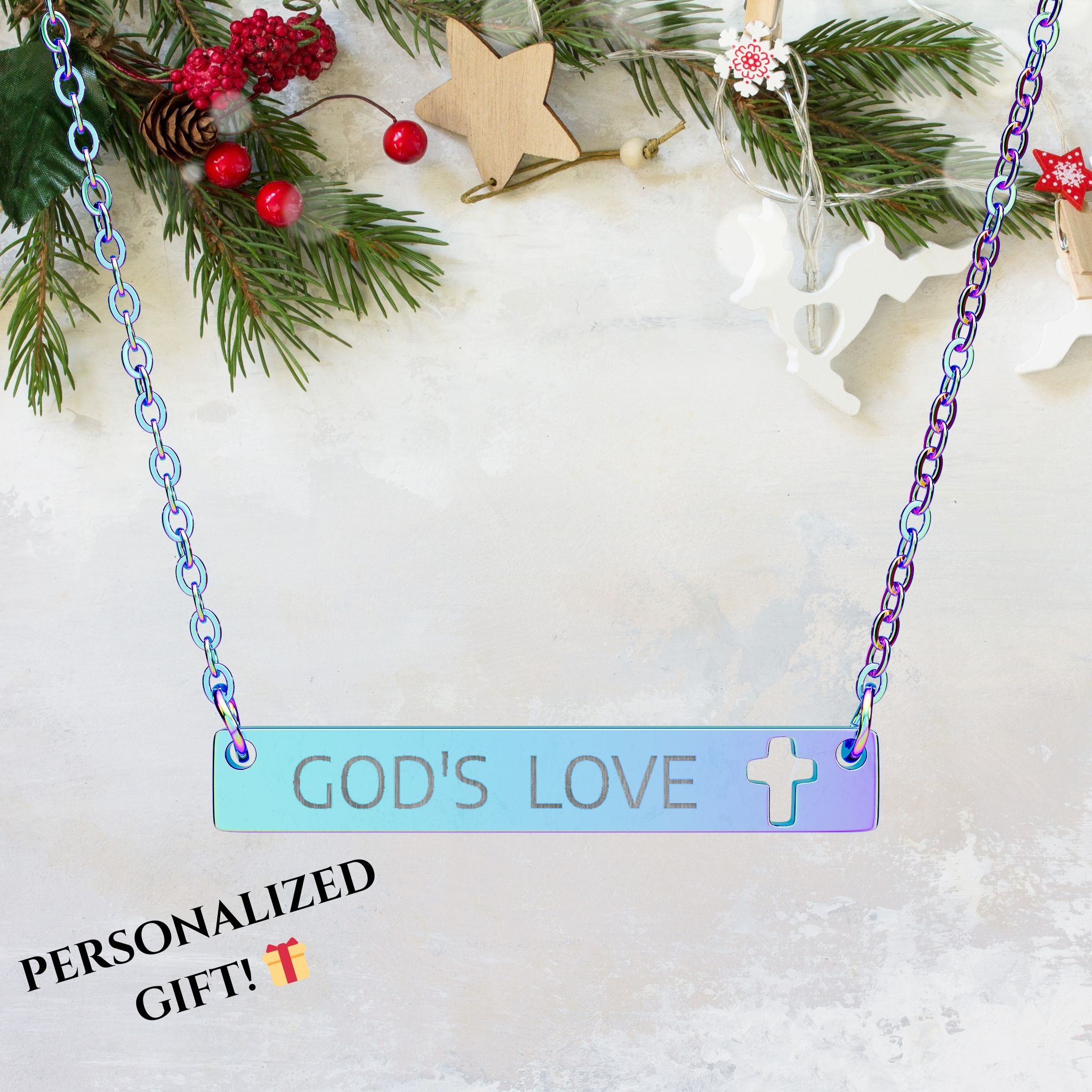 Cutout Cross Bar Necklace — God's Love, Blessed, True love Personalized Engraved Spiritual Jewelry, 18K Gold PVD, Silver, Black, Rainbow