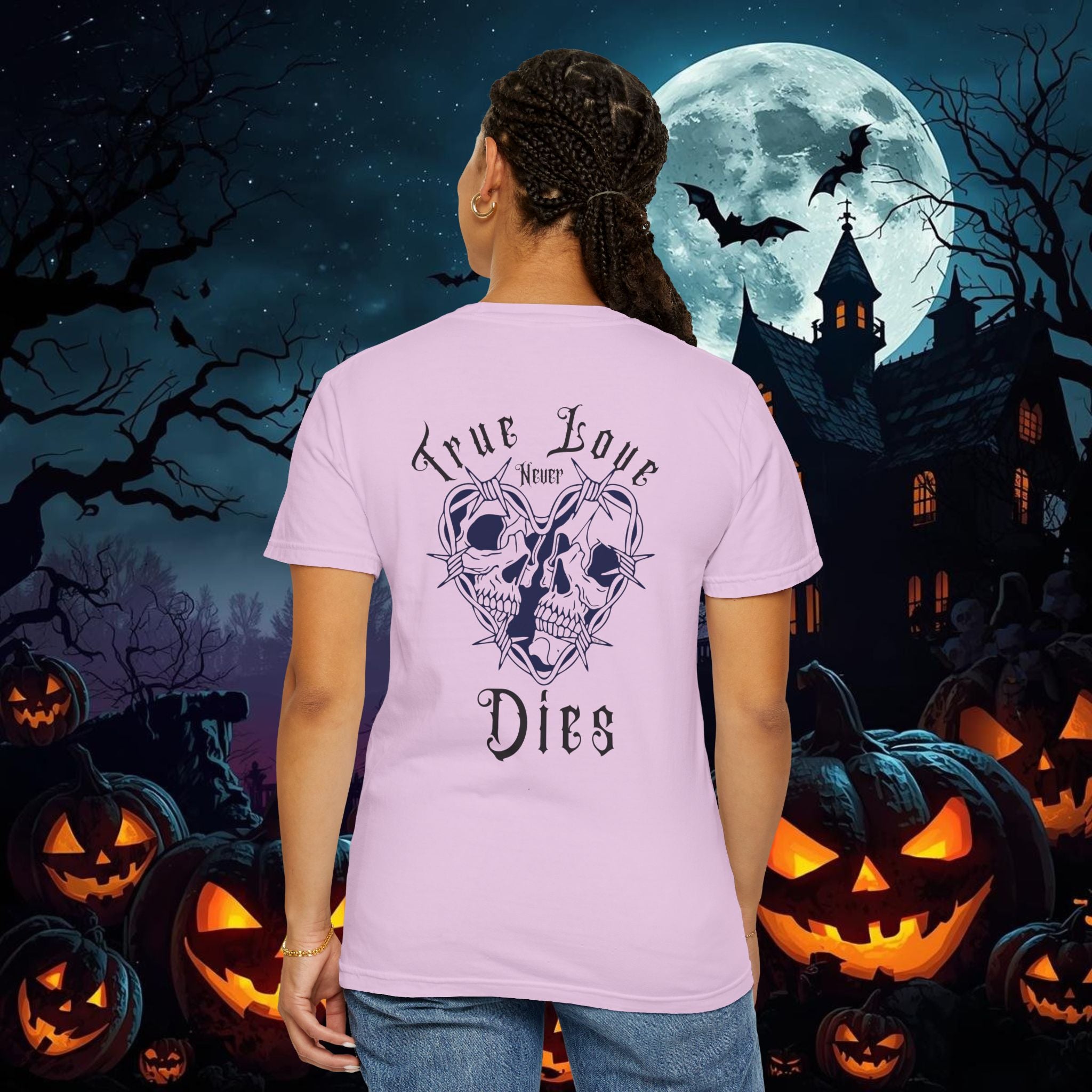 " True Love Never Dies" Halloween Personalized Skull Graphic Tee, Fun Gift for Him or Her