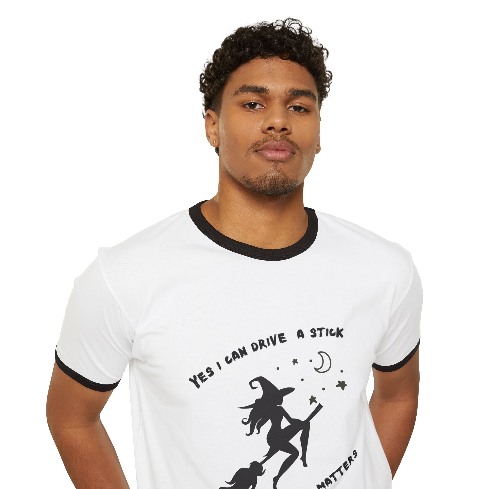 "Yes, I Drive Stick" Whimsical Witchcraft Ringer T-Shirt | Fun Halloween Tee, Unisex