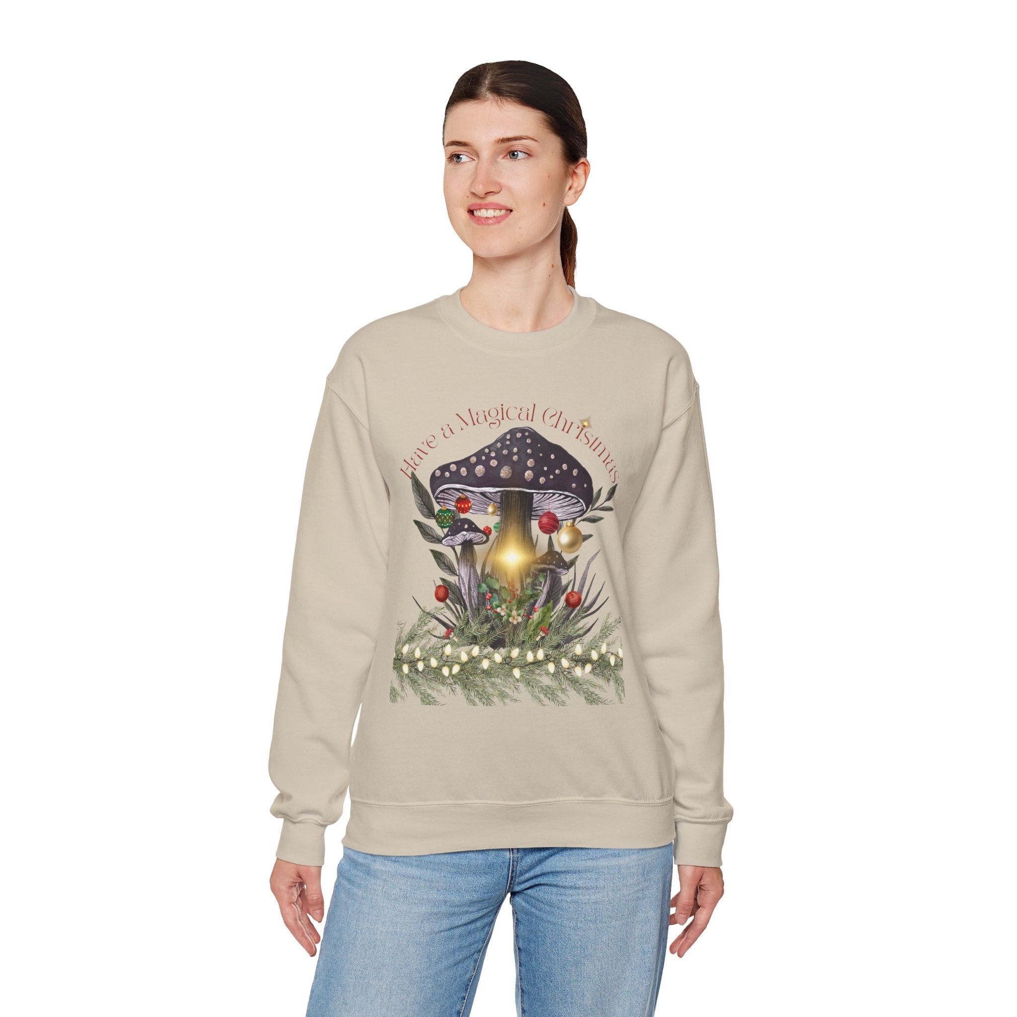 Magic Mushroom Holiday Sweatshirt — "There's a Light in the Center" Cozy, Magic Vintage Mushroom Christmas