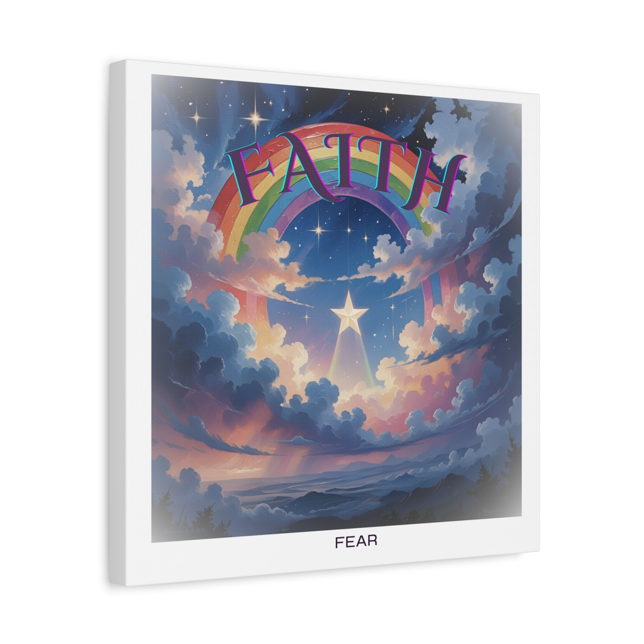 "Faith over Fear" graphic print on canvas, polaroid style, Rainbow, Faith