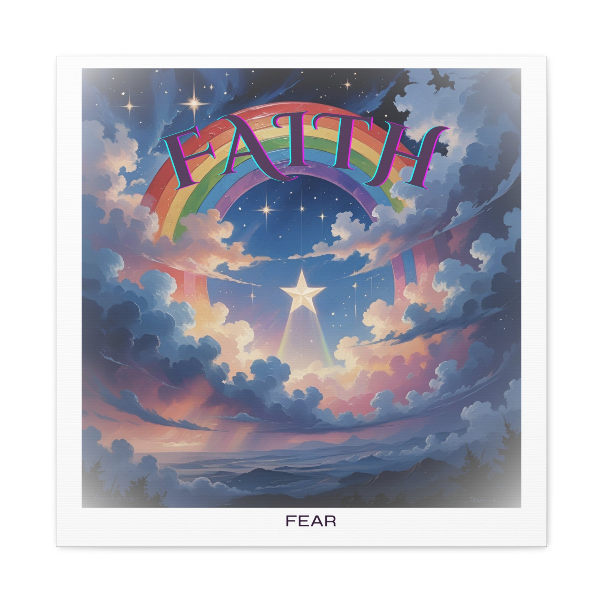 "Faith over Fear" graphic print on canvas, polaroid style, Rainbow, Faith