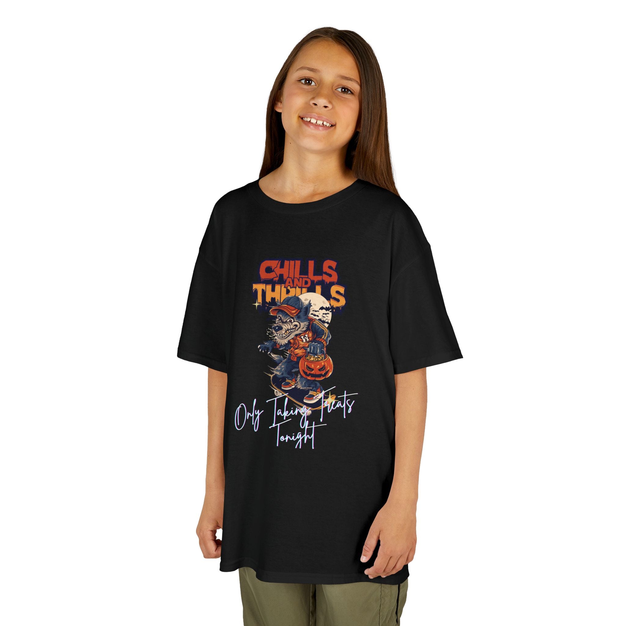 "Only Taking Treats Tonight" Kids Halloween Skateboard Tee, Chills and Thrills  6 colors