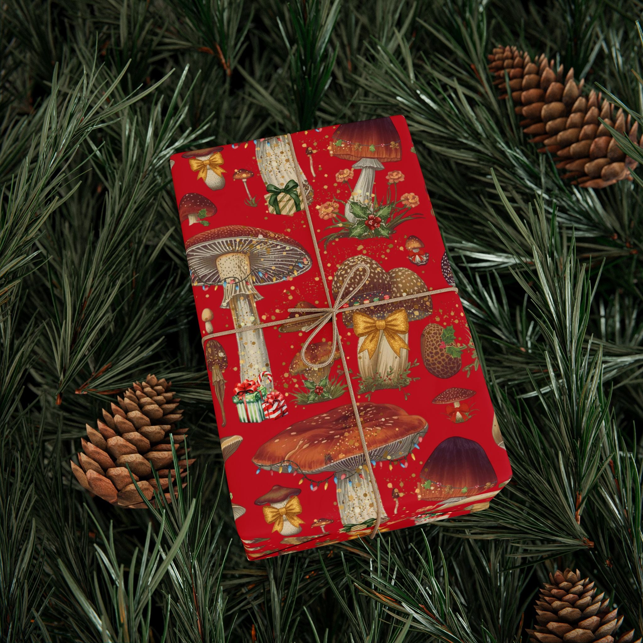 Christmas Magic Mushroom Wrapping Paper Roll — Red Holiday Gift Wrap, Unique gift wrapping