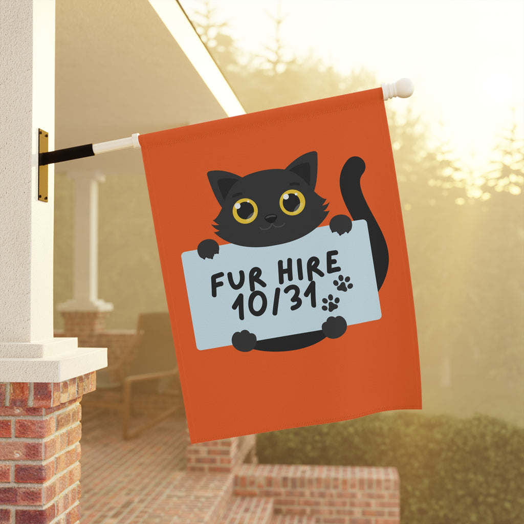 "Fur Hire" Halloween Cat Garden Flag, Personalize 2 sizes, outdoor/ indoor use