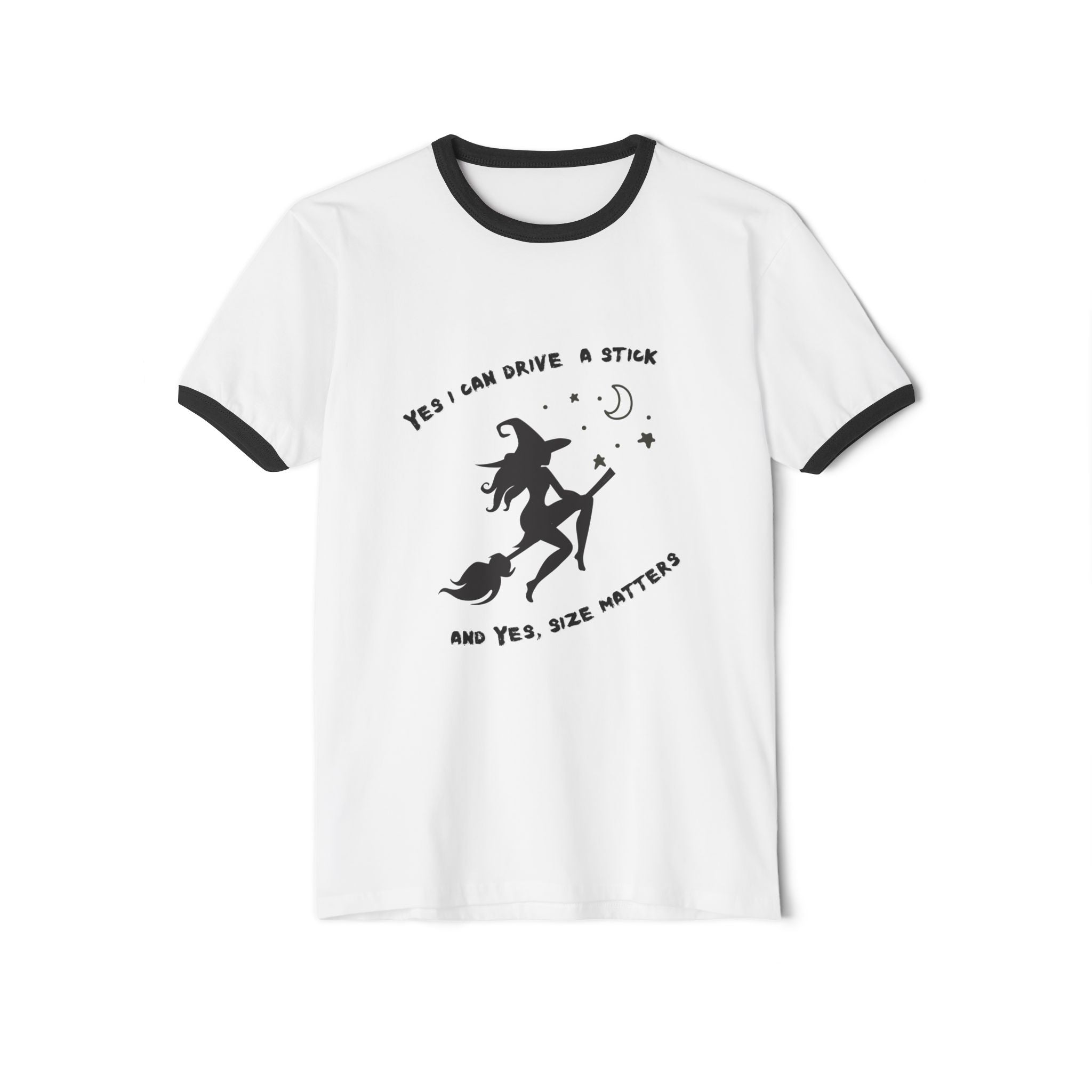 "Yes, I Drive Stick" Whimsical Witchcraft Ringer T-Shirt | Fun Halloween Tee, Unisex