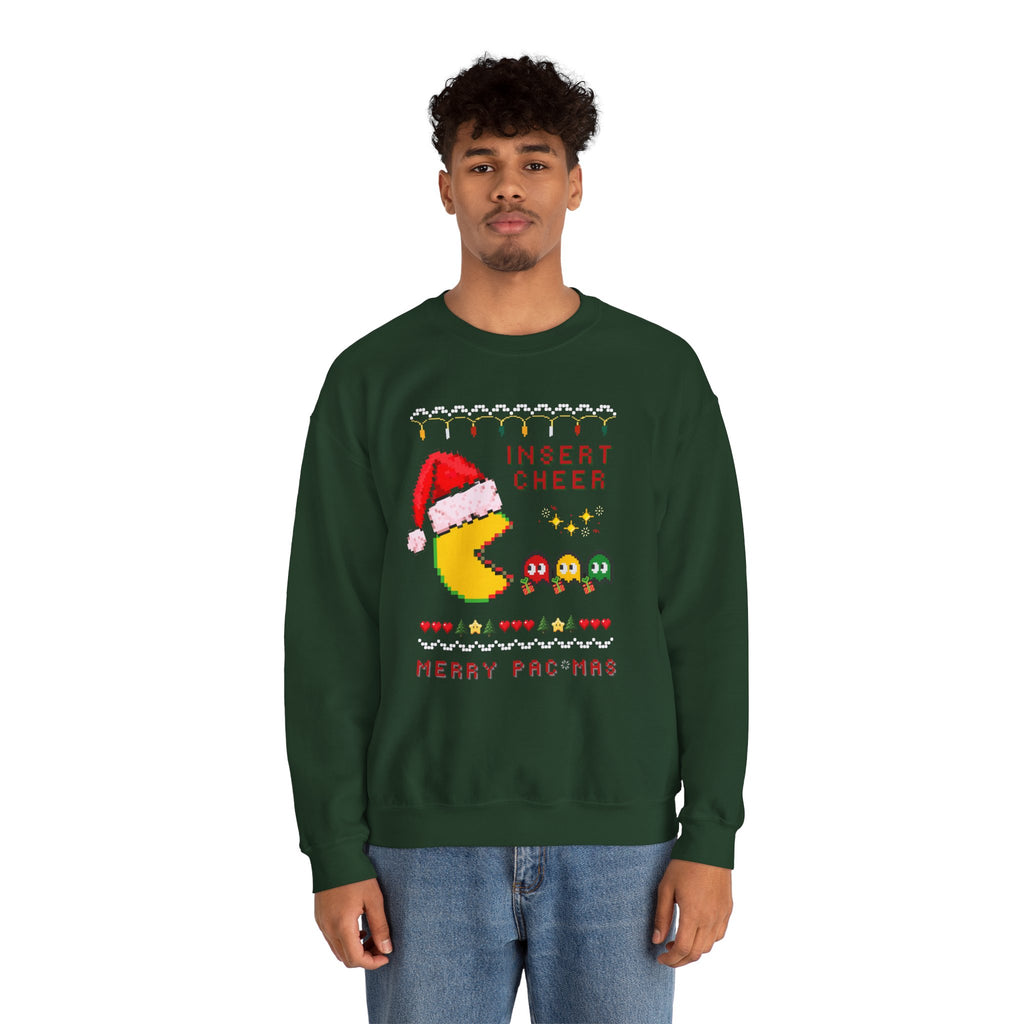 Merry Pac-Man Holiday Sweatshirt — "Insert Cheer" Retro Gamer Christmas Crewneck