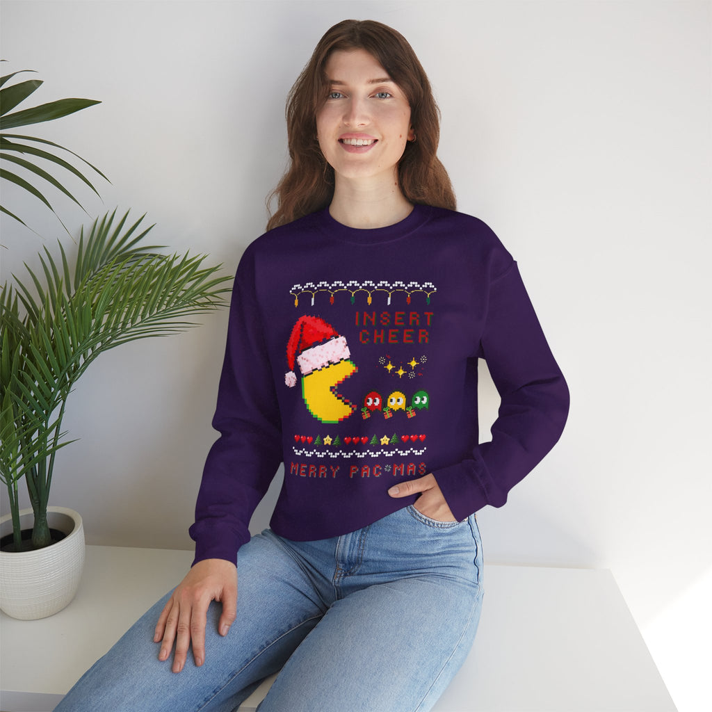 Merry Pac-Man Holiday Sweatshirt — "Insert Cheer" Retro Gamer Christmas Crewneck