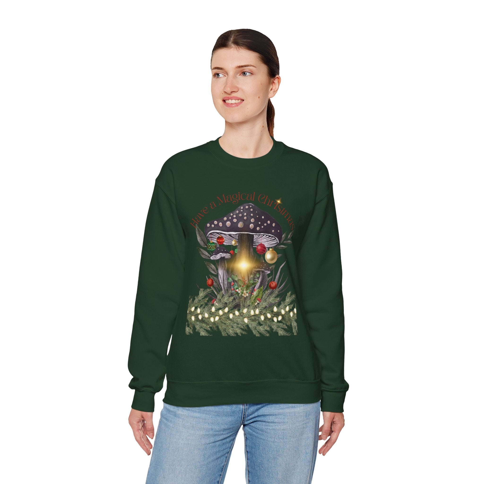 Magic Mushroom Holiday Sweatshirt — "There's a Light in the Center" Cozy, Magic Vintage Mushroom Christmas
