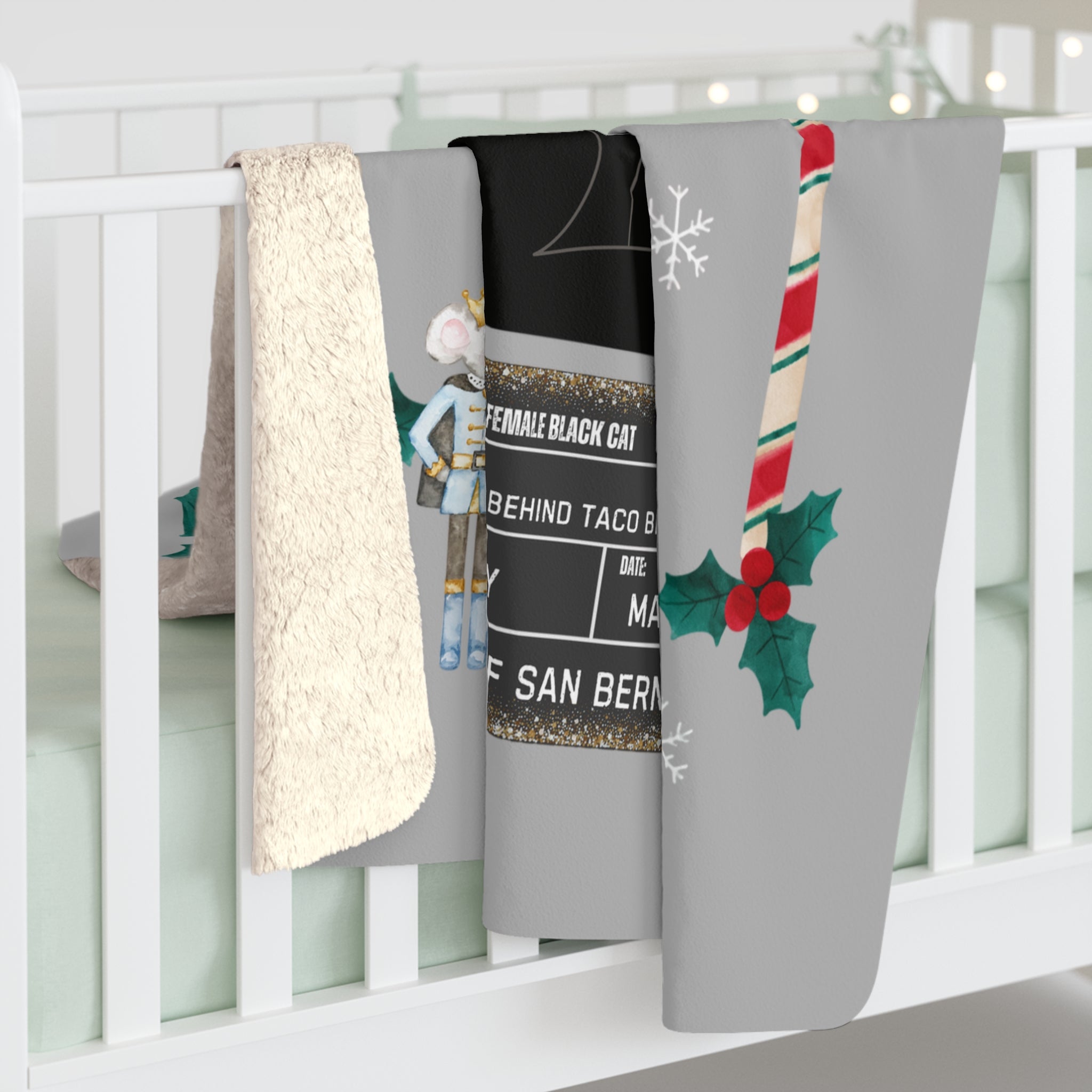 "Feral" Cat Personalized Holiday Sherpa Blanket — Cute Black Cat Christmas Throw, 50% of profits support Animal Rescues