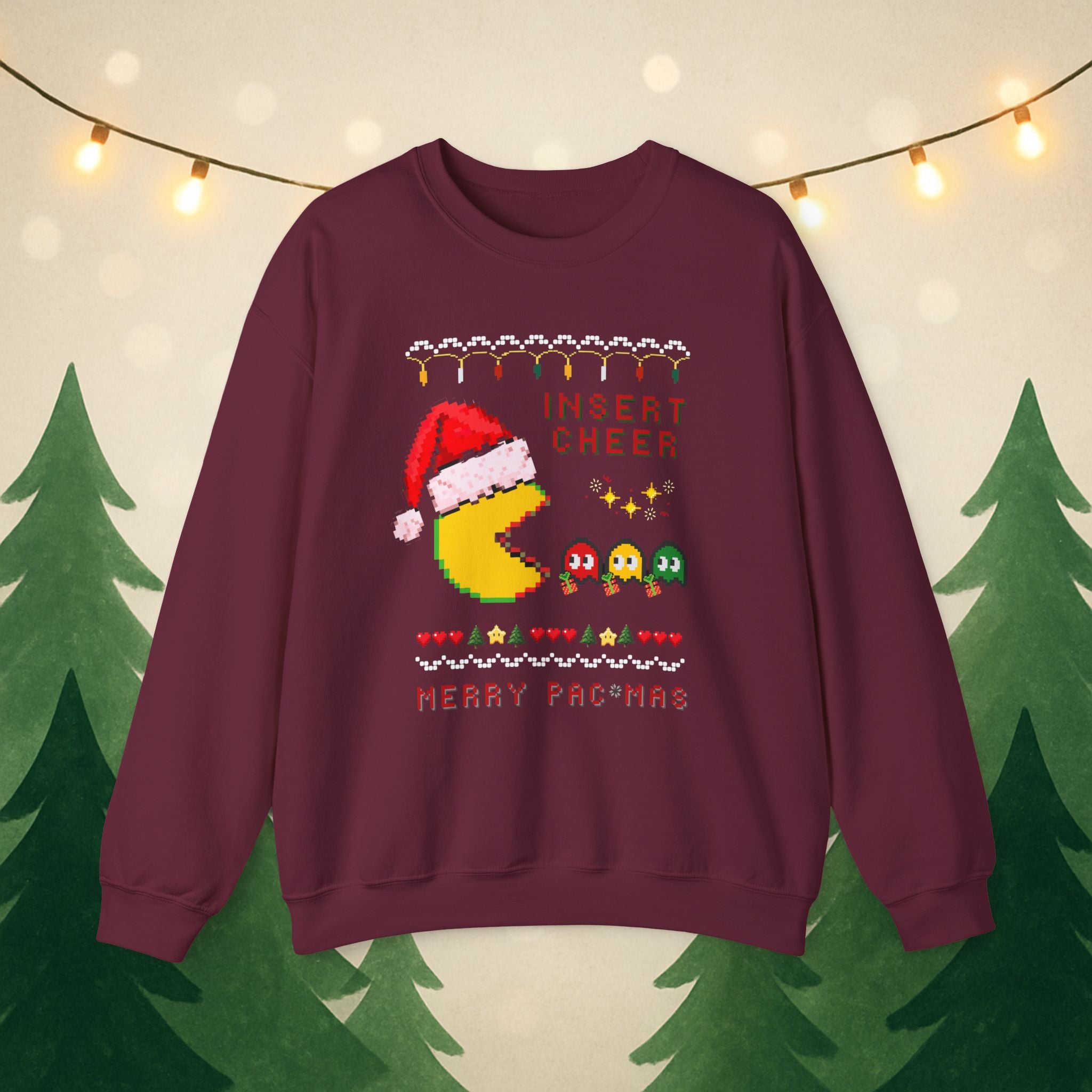 Merry Pac-Man Holiday Sweatshirt — "Insert Cheer" Retro Gamer Christmas Crewneck