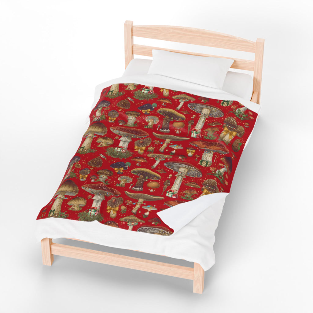 Velveteen Plush Blanket - Vintage Mushroom Christmas Red Throw