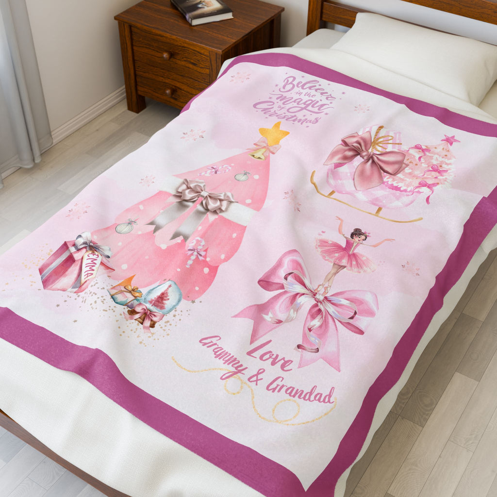 Pink Christmas Personalized Velveteen Blanket – “Believe in Magic” Holiday Throw for Girls & Grandkids, Daughters, Gifts for Her
