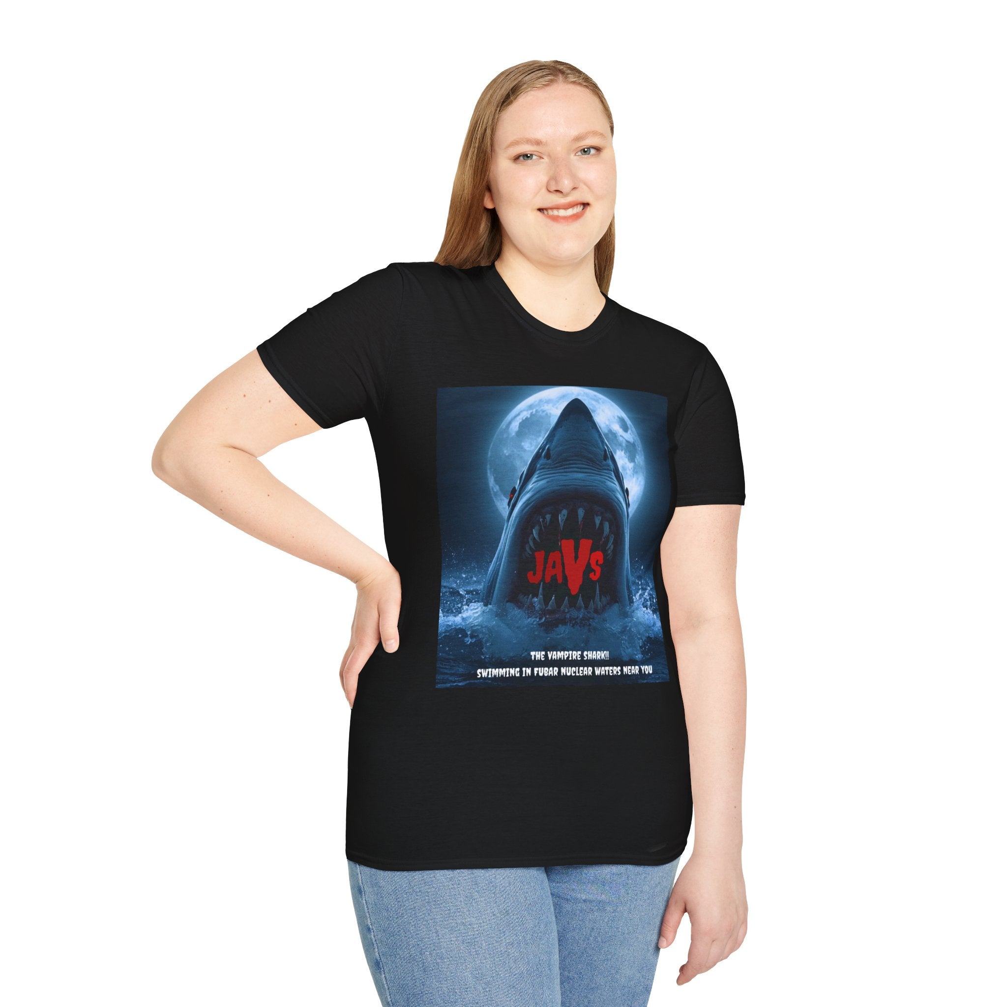 "Javs the Fubar Vampire"  Inspired Unisex Softstyle T-Shirt | Shark Fan Tee, Movie Night Shirt, Gift for Horror Lovers, Summer Casual Wear, Ocean Themed Apparel