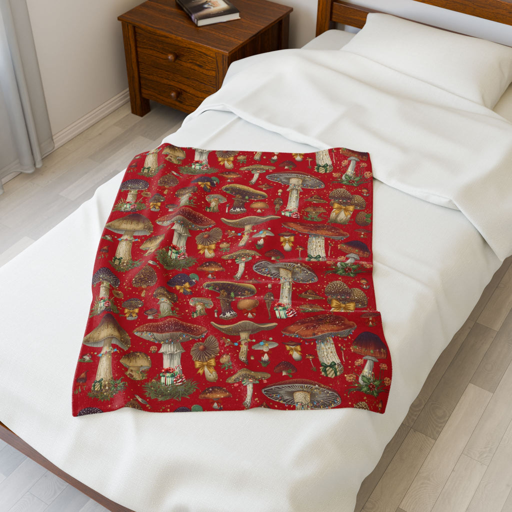 Vintage Magic Mushroom Christmas Theme- Velveteen Plush Blanket -  Red Throw- Unique Gift ideas