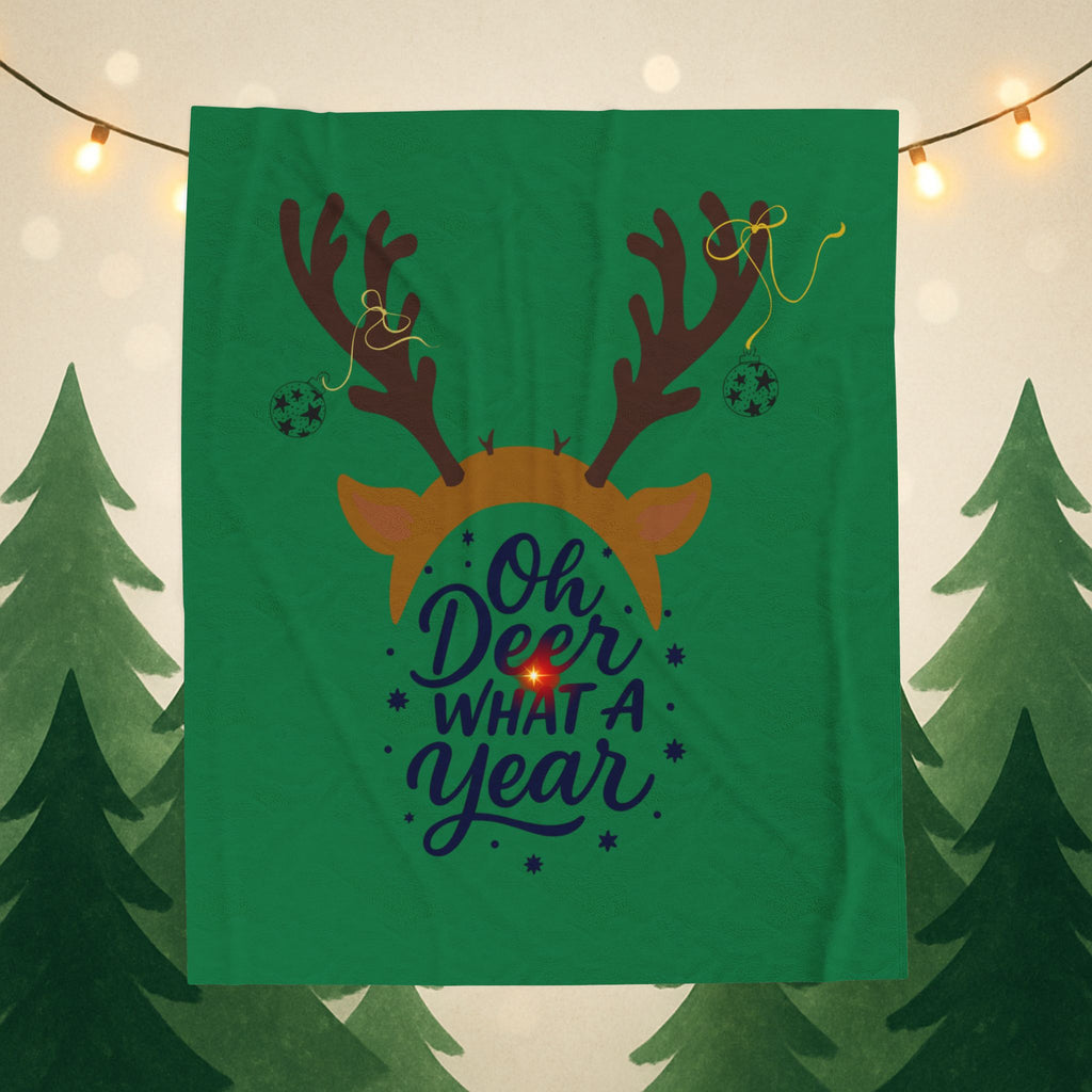 Oh Deer What a Year Holiday Plush Blanket- Fun Holiday Reindeer Motif, Supporting Feeding America