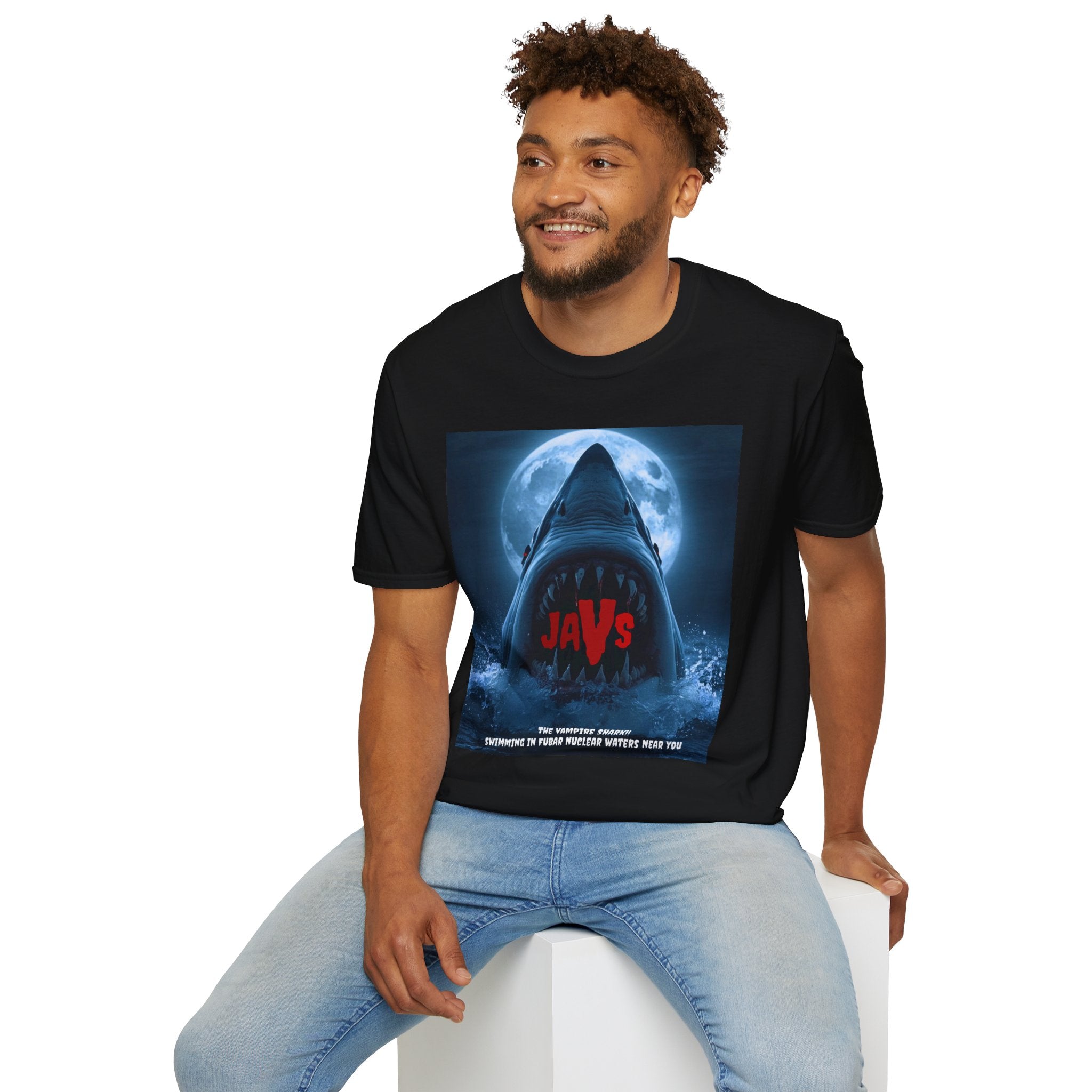 "Javs the Fubar Vampire"  Inspired Unisex Softstyle T-Shirt | Shark Fan Tee, Movie Night Shirt, Gift for Horror Lovers, Summer Casual Wear, Ocean Themed Apparel