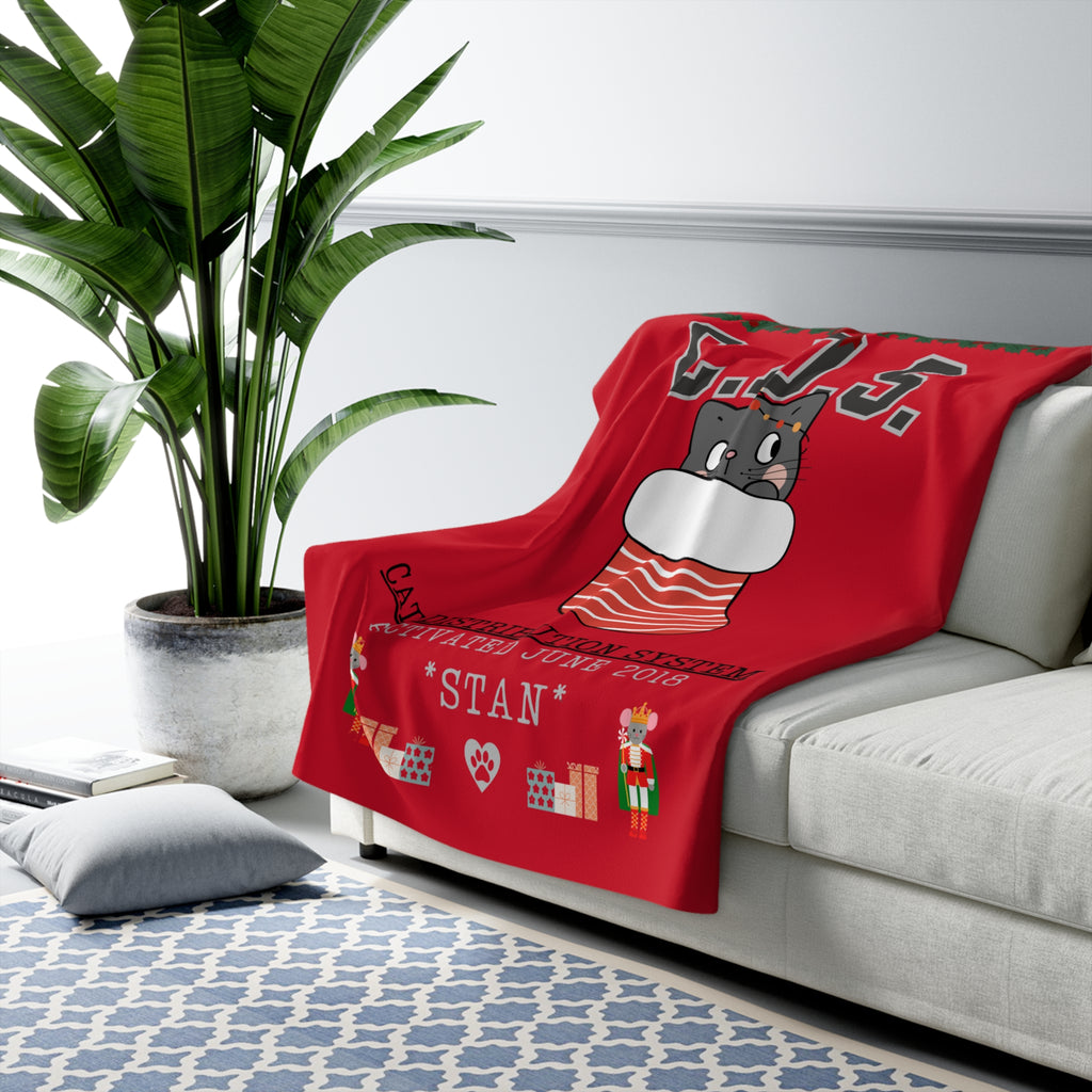 Custom Sherpa Blanket — 'C.D.S. Cat Distribution System' Christmas Stocking Design, Personalized Pet Holiday Throw, 2 sizes