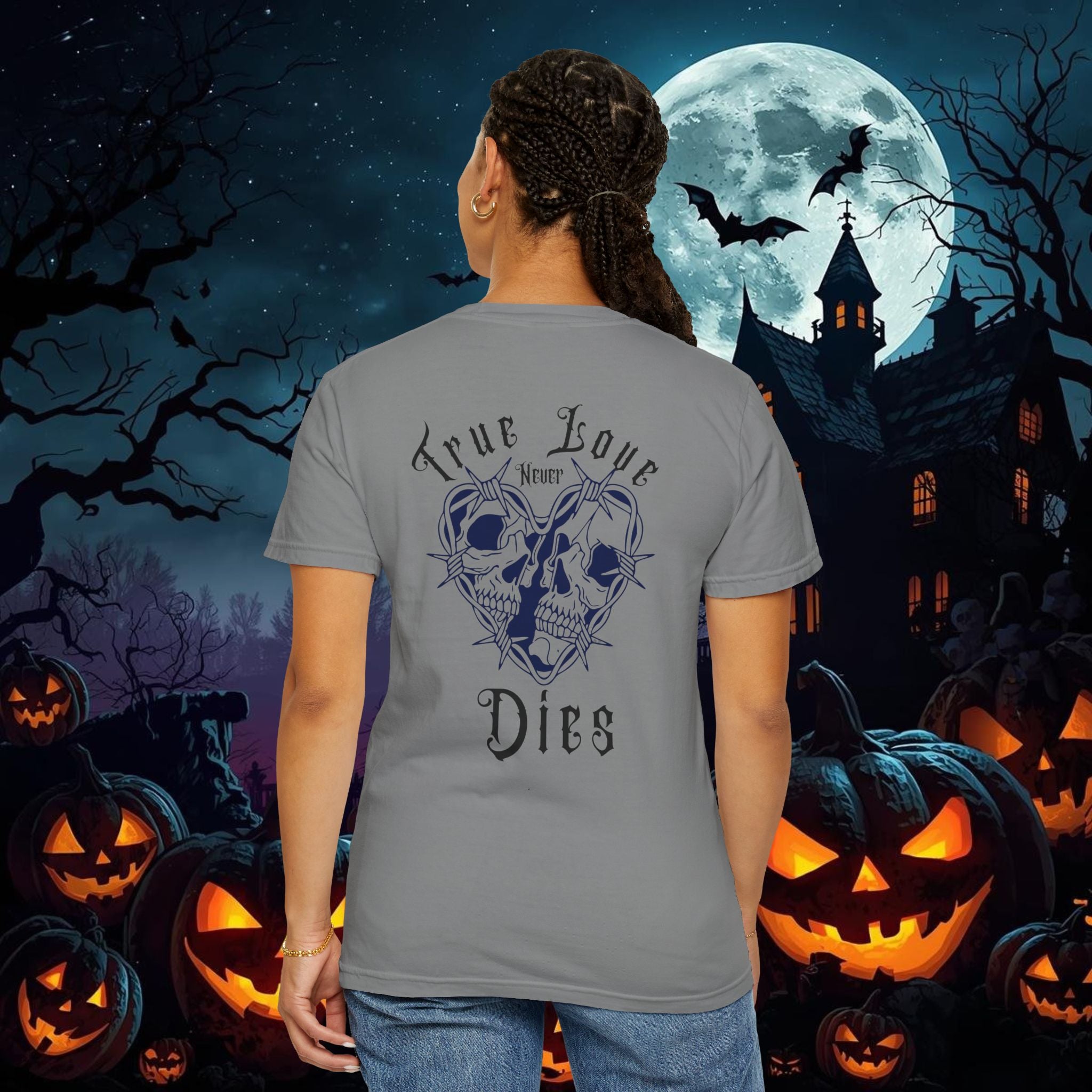 " True Love Never Dies" Halloween Personalized Skull Graphic Tee, Fun Gift for Him or Her