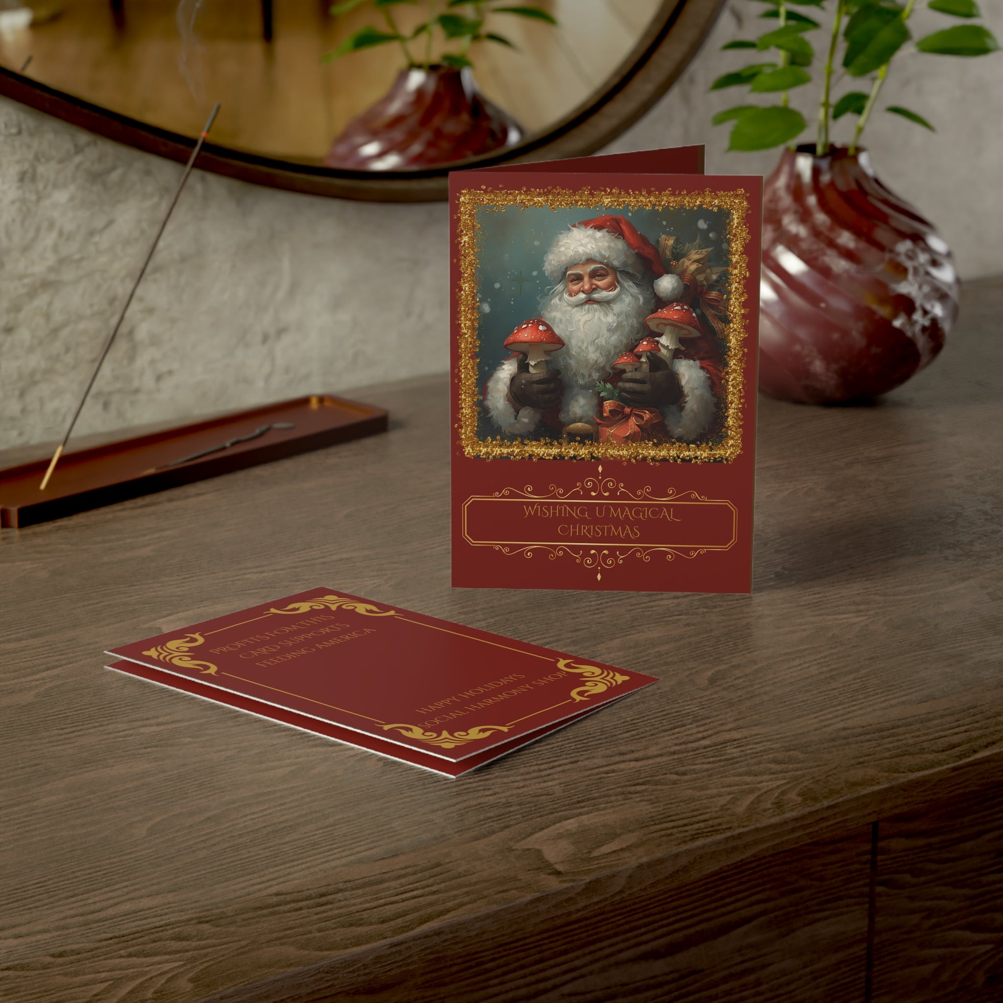 Personalized Holiday Santa Greeting Card Mushroom Theme— "Wishing U Magical Christmas" (Bulk Packs: (10/30/50)